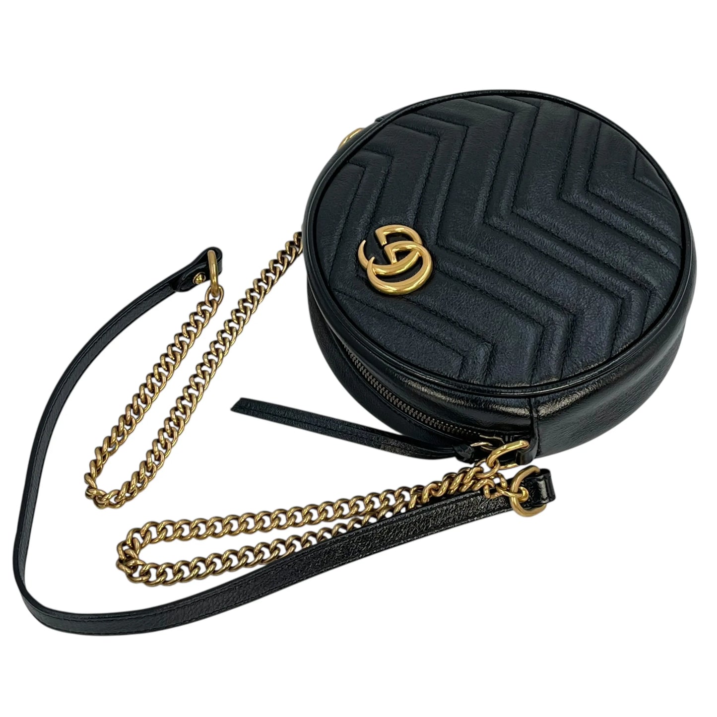 GUCCI GG Marmont Mini Round Chain Shoulder Bag - Black