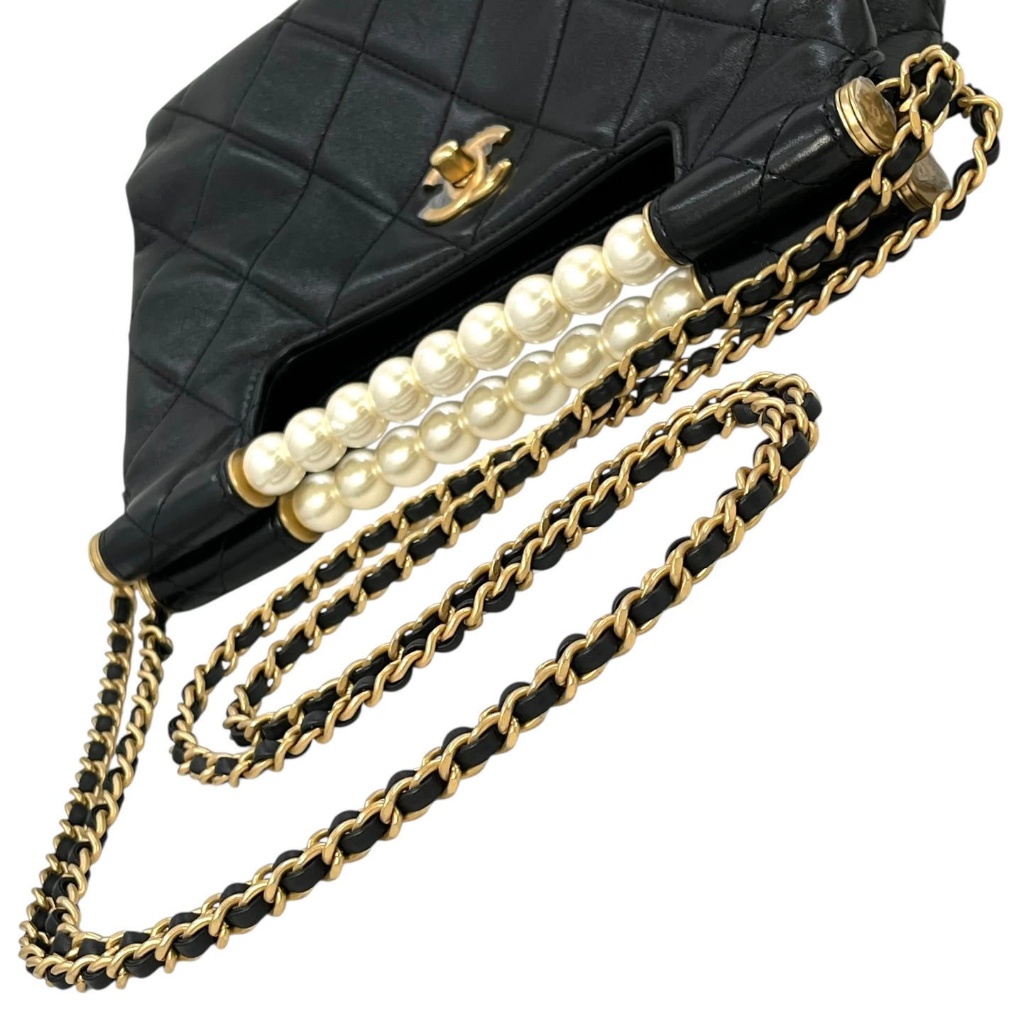 CHANEL Pearl Handle Leather Hand Bag - Black