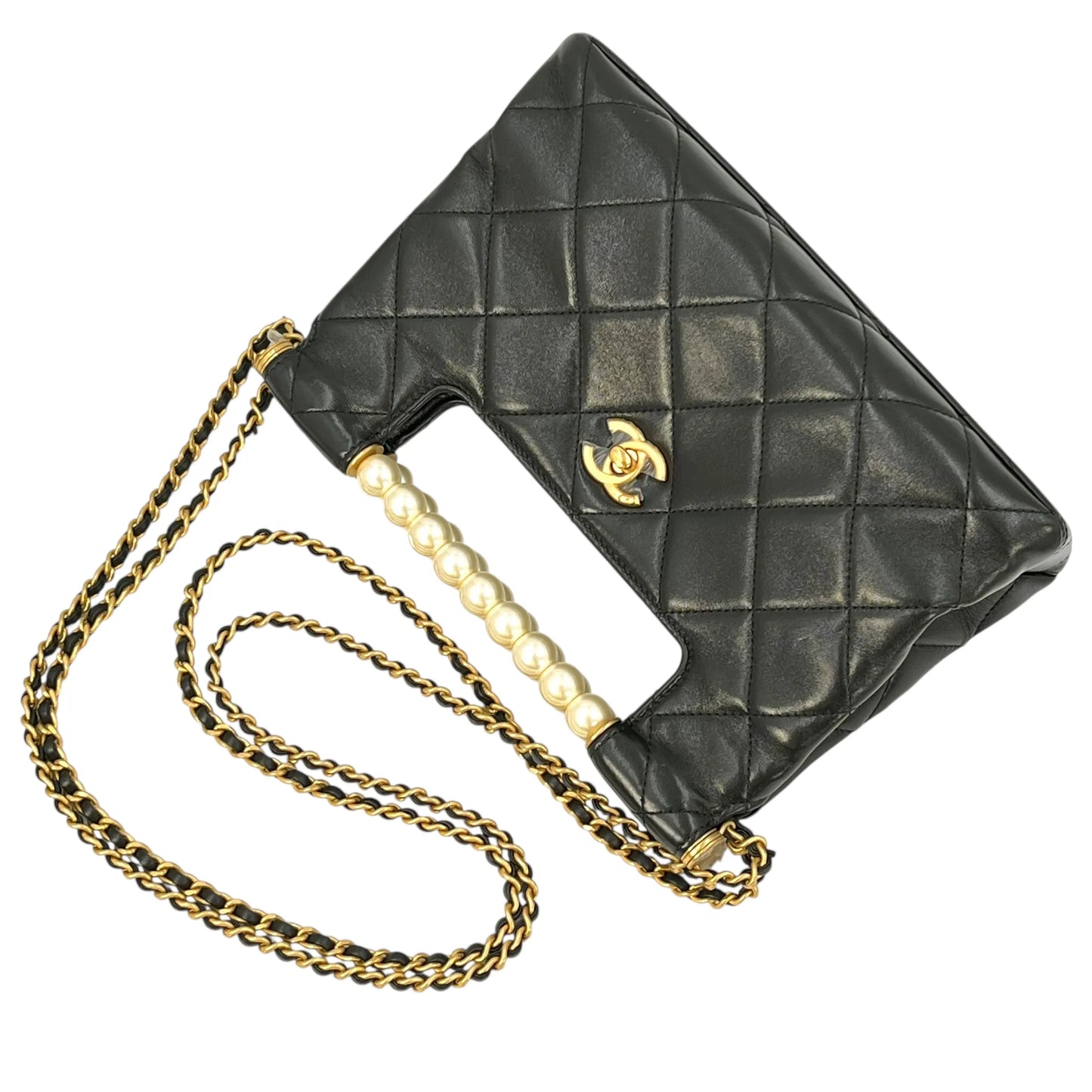 CHANEL Pearl Handle Leather Hand Bag - Black