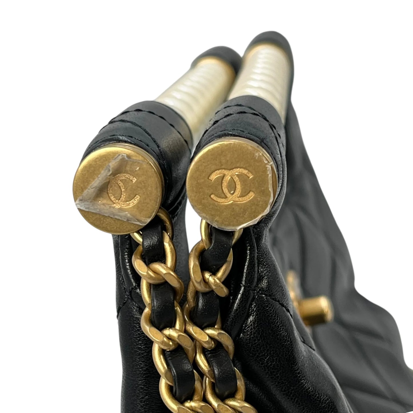 CHANEL Pearl Handle Leather Hand Bag - Black