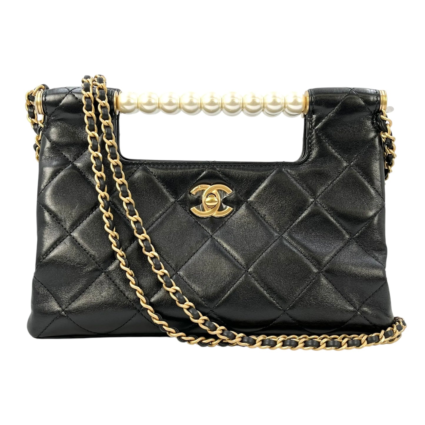 CHANEL Pearl Handle Leather Hand Bag - Black