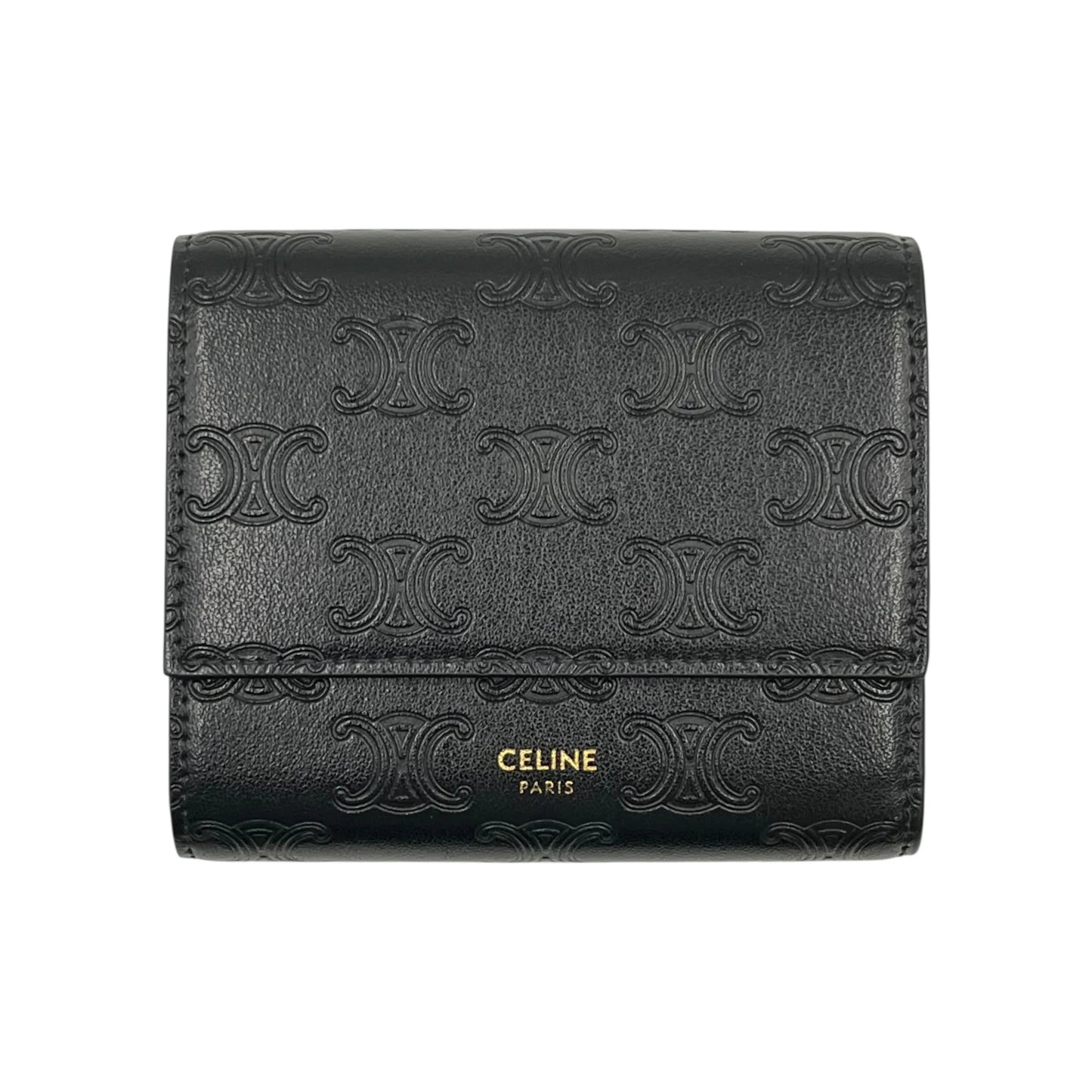 CELINE Triomphe Embossed Small Tri-fold Compact Wallet - Black