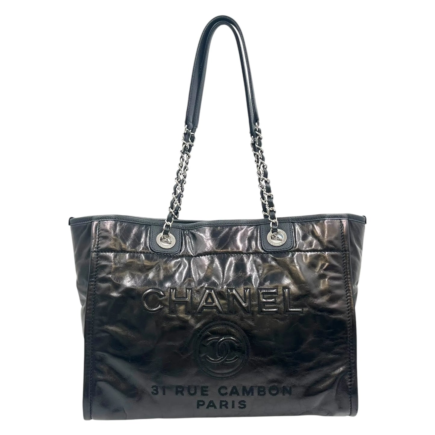 CHANEL Deauville MM Glazed Leather Tote Bag - Black