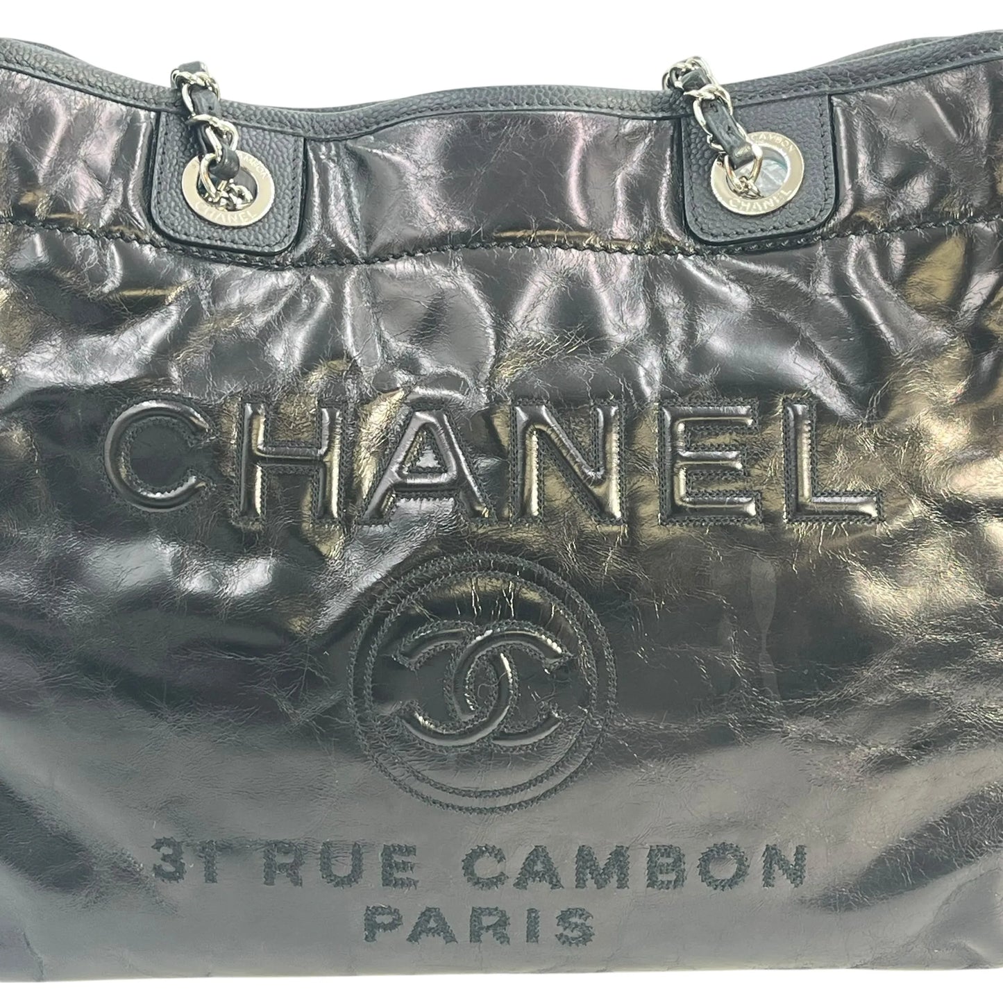 CHANEL Deauville MM Glazed Leather Tote Bag - Black