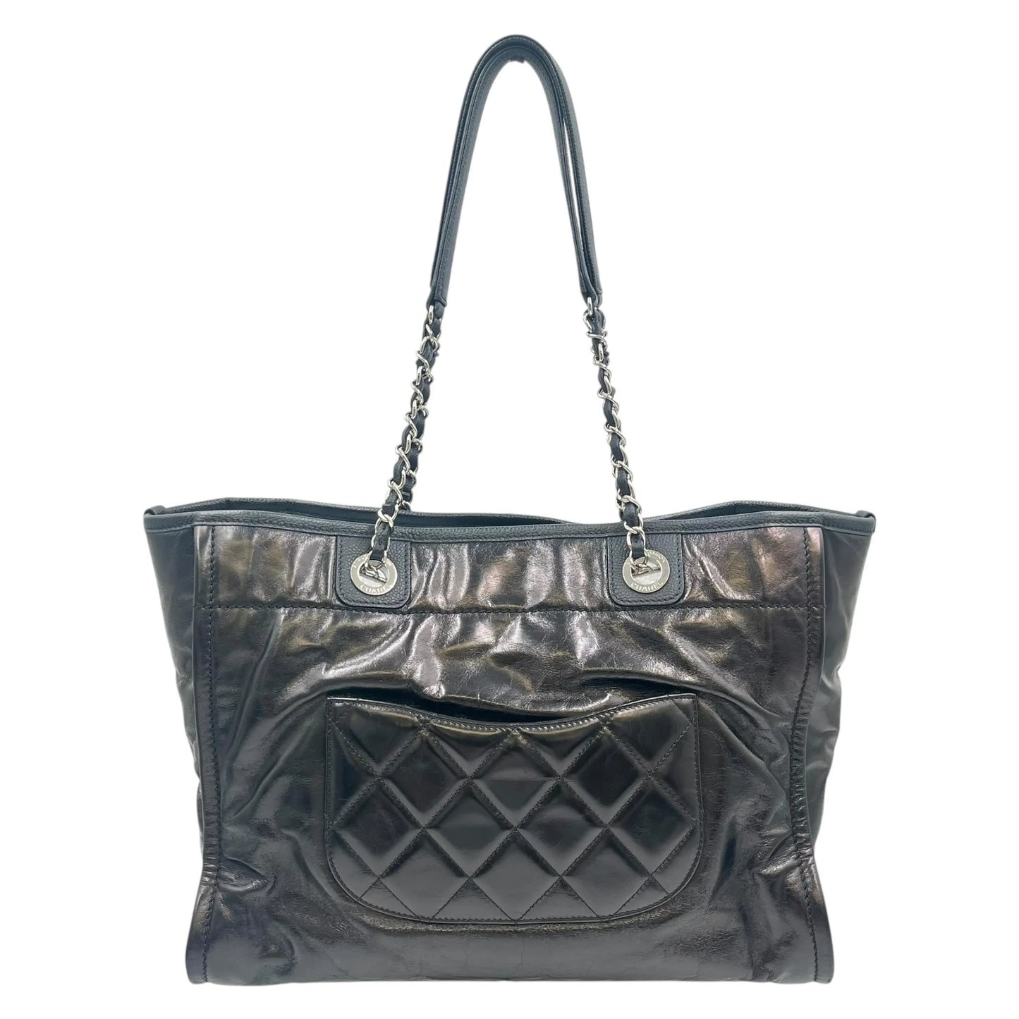 CHANEL Deauville MM Glazed Leather Tote Bag - Black