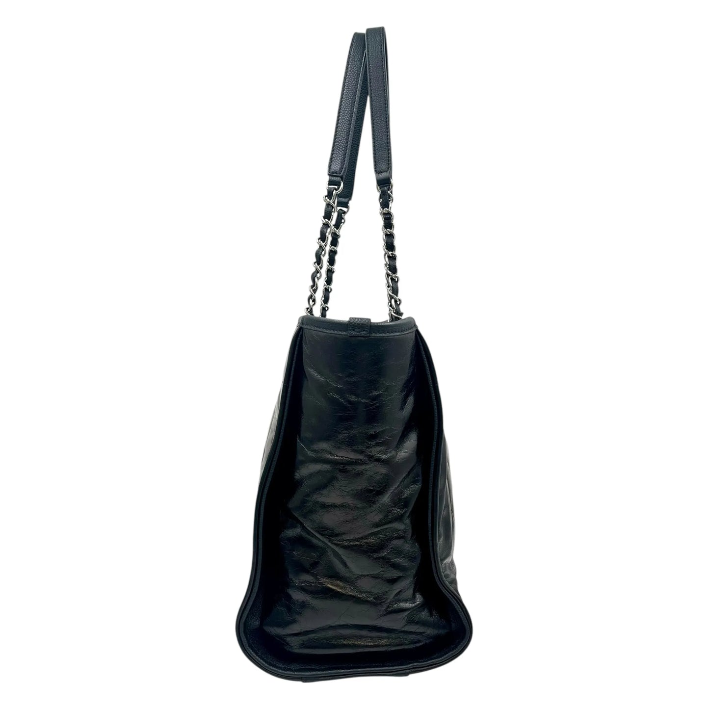 CHANEL Deauville MM Glazed Leather Tote Bag - Black