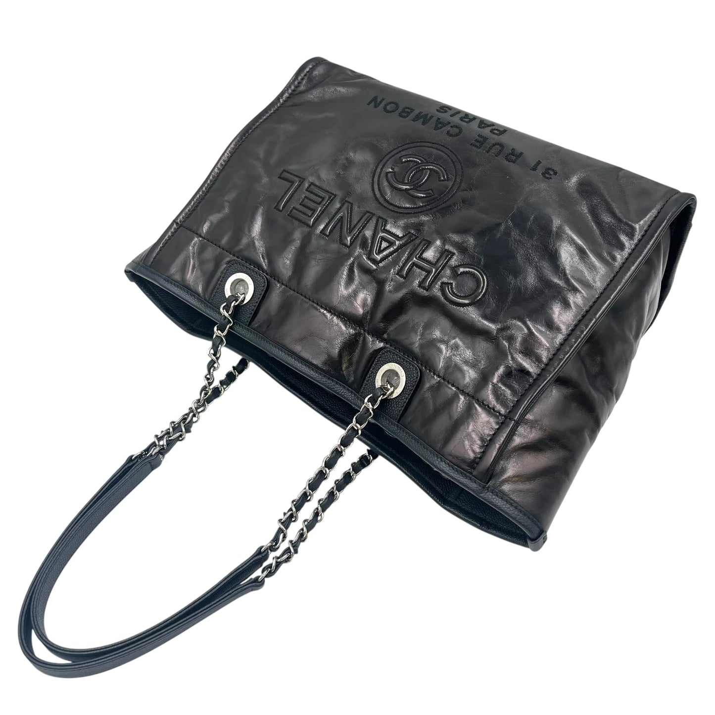 CHANEL Deauville MM Glazed Leather Tote Bag - Black