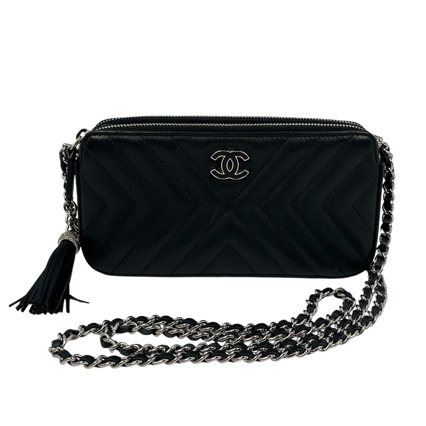 CHANEL Chevron Lambskin Chain Wallet - Black