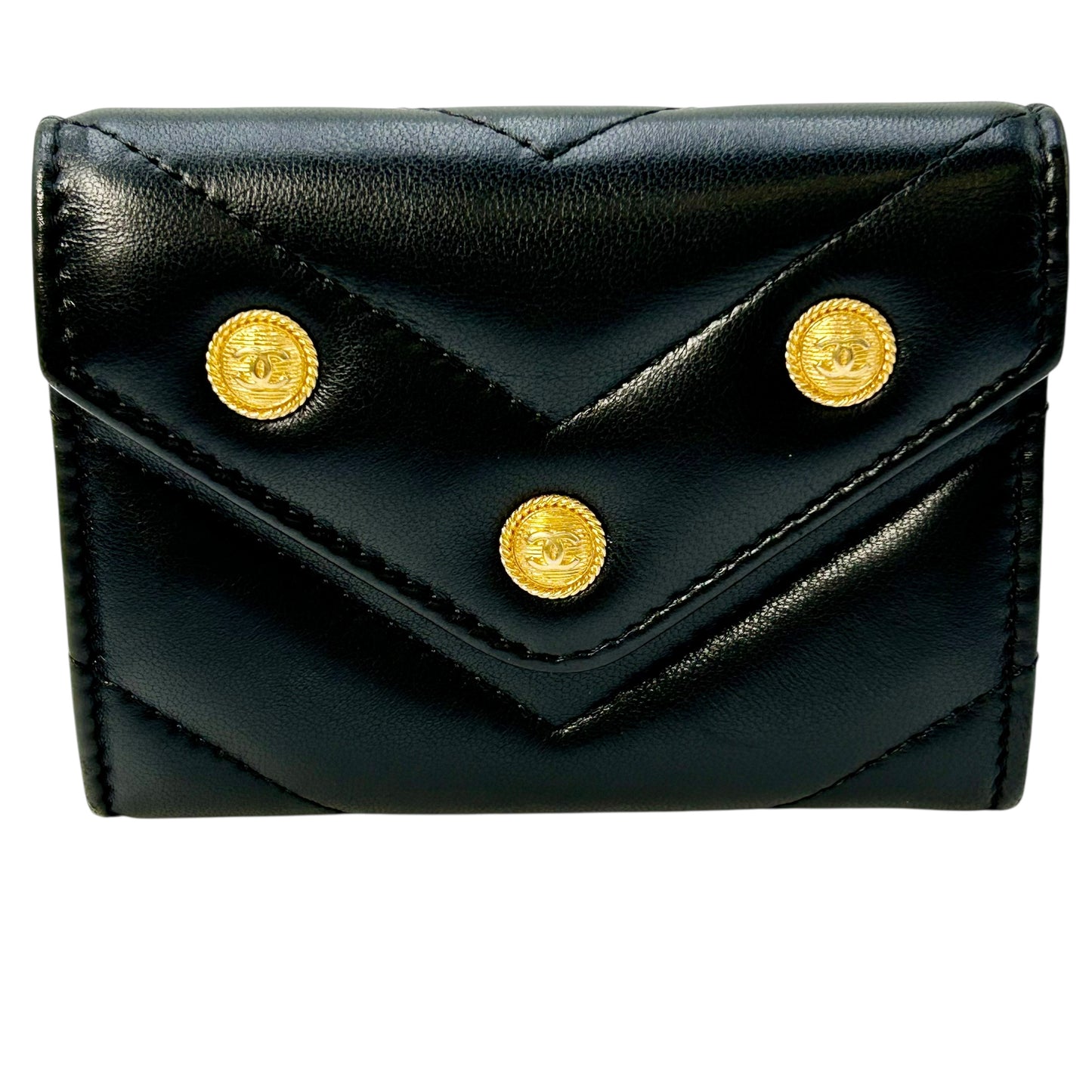 CHANEL V-Stich Lambskin Card Case Compact Wallet - Black