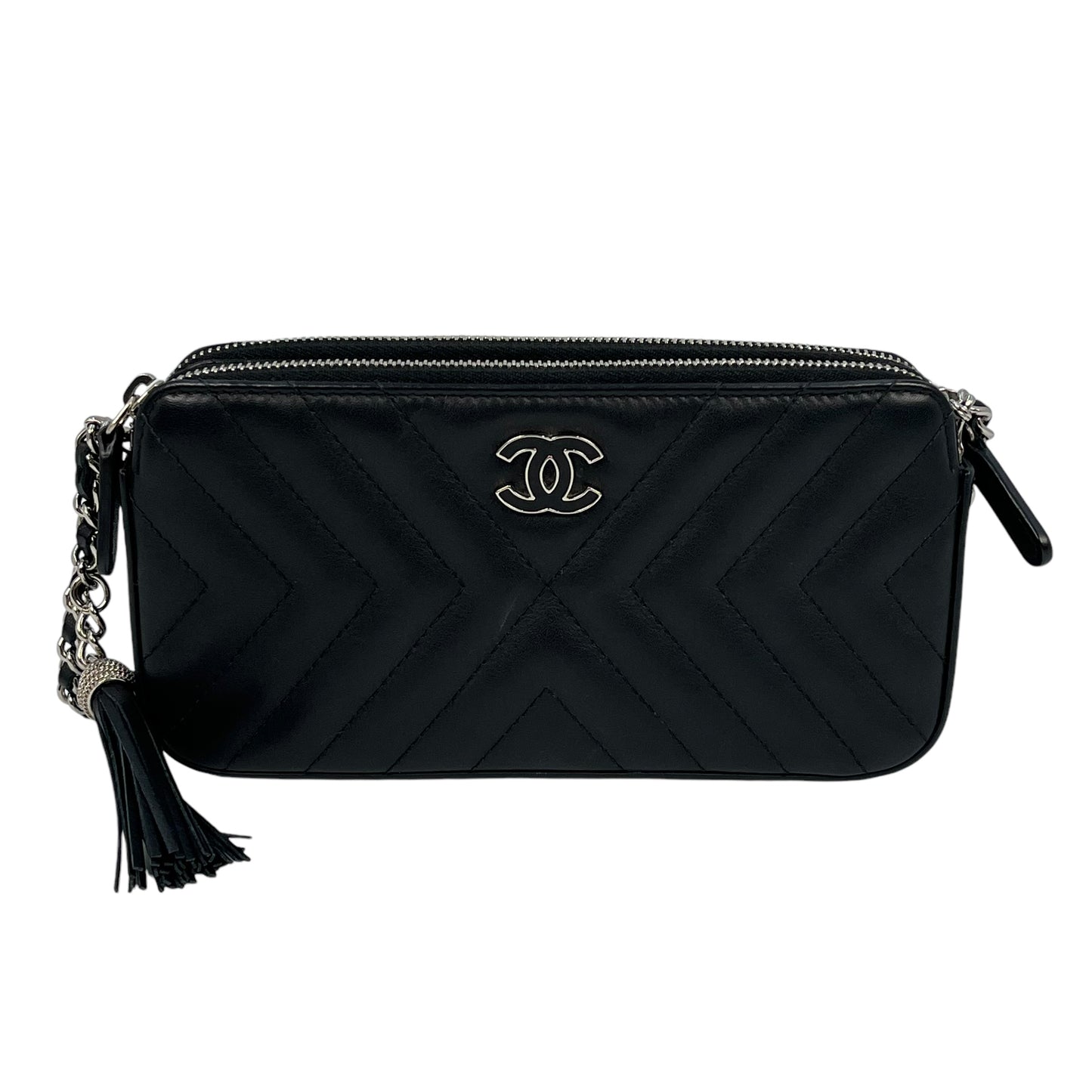CHANEL Chevron Lambskin Chain Wallet - Black