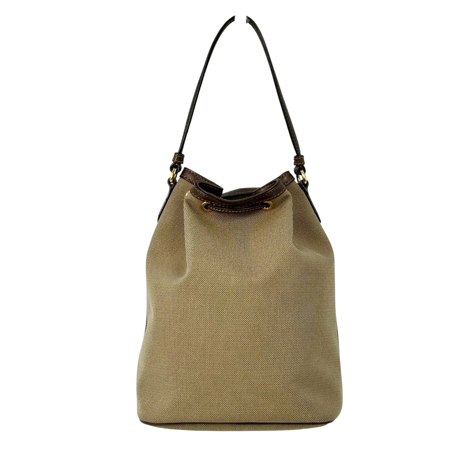 PRADA Logo Jacquard Canvas Drawstring Hand Bag Bucket Bag - Brown