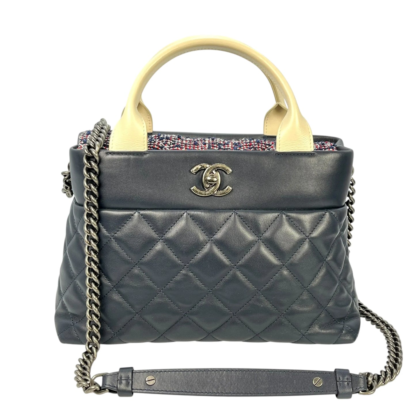 CHANEL Matelasse Tweed and Quilted Aged Calfskin Medium Hand Bag Chain Shoulder Bag - Navy