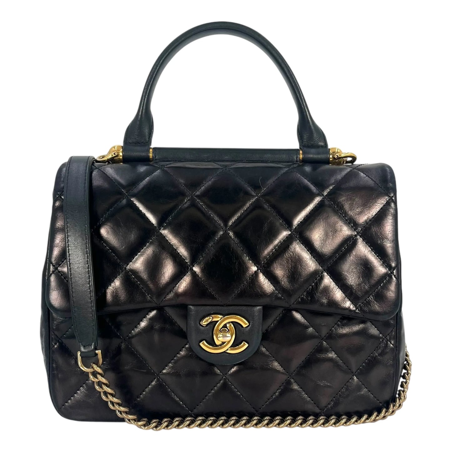 CHANEL Matelasse Top Handle Hand Bag Chain Shoulder Bag - Black