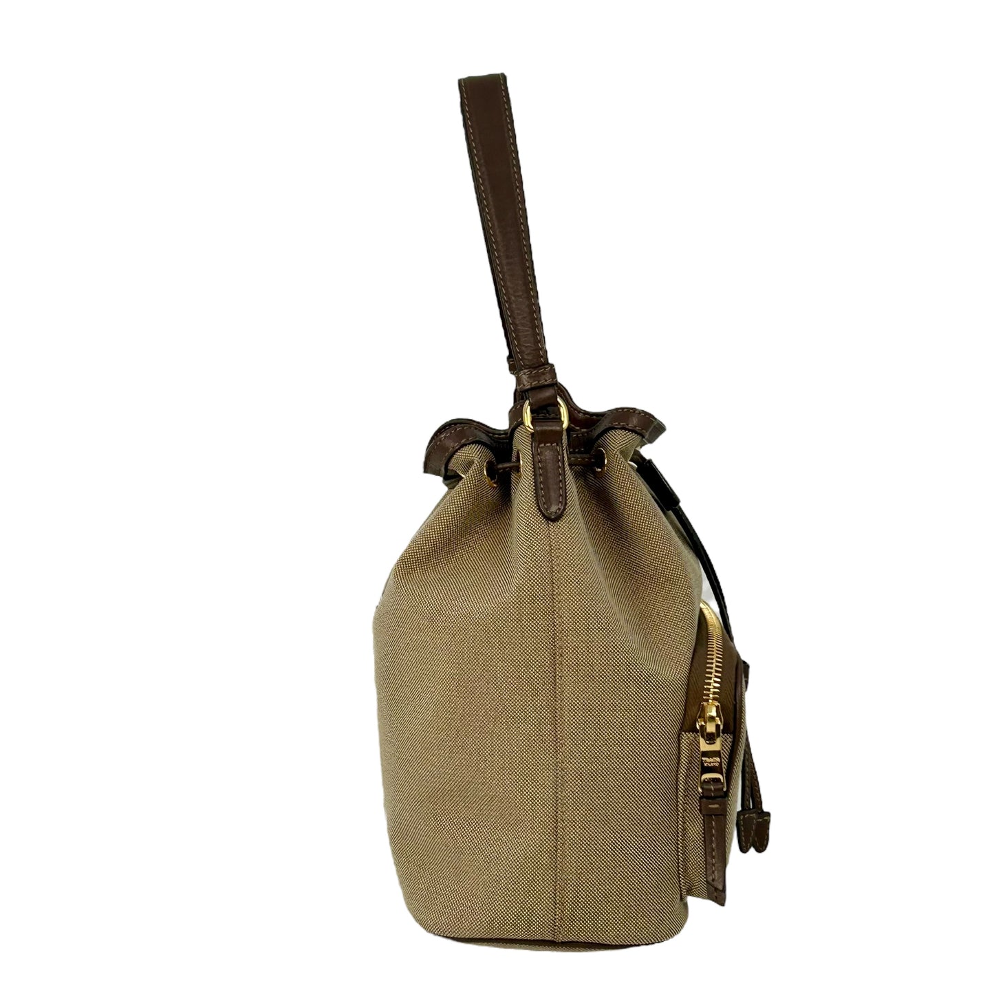 PRADA Logo Jacquard Canvas Drawstring Hand Bag Bucket Bag - Brown