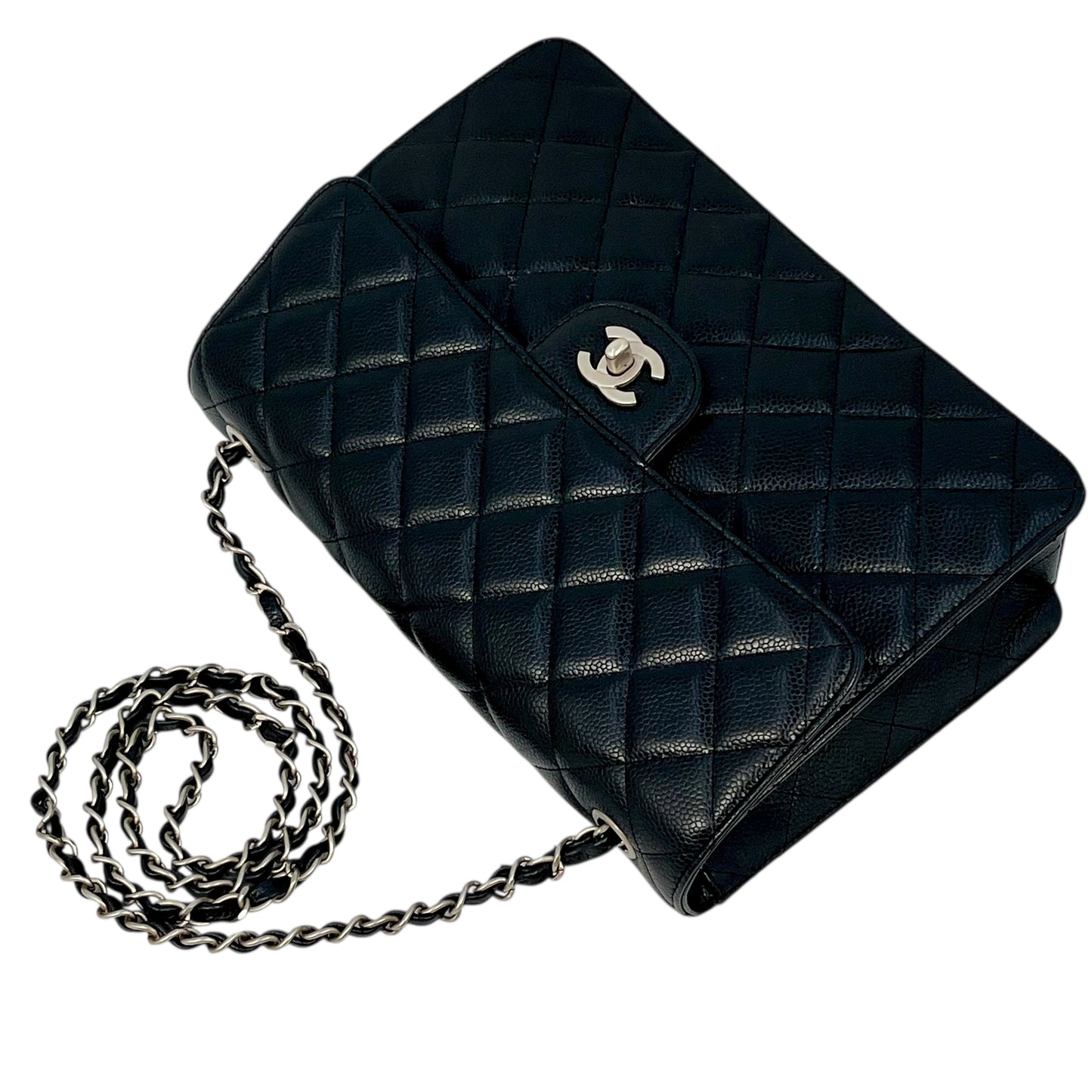CHANEL Caviar Skin Matelasse Chain Shoulder Bag - Black