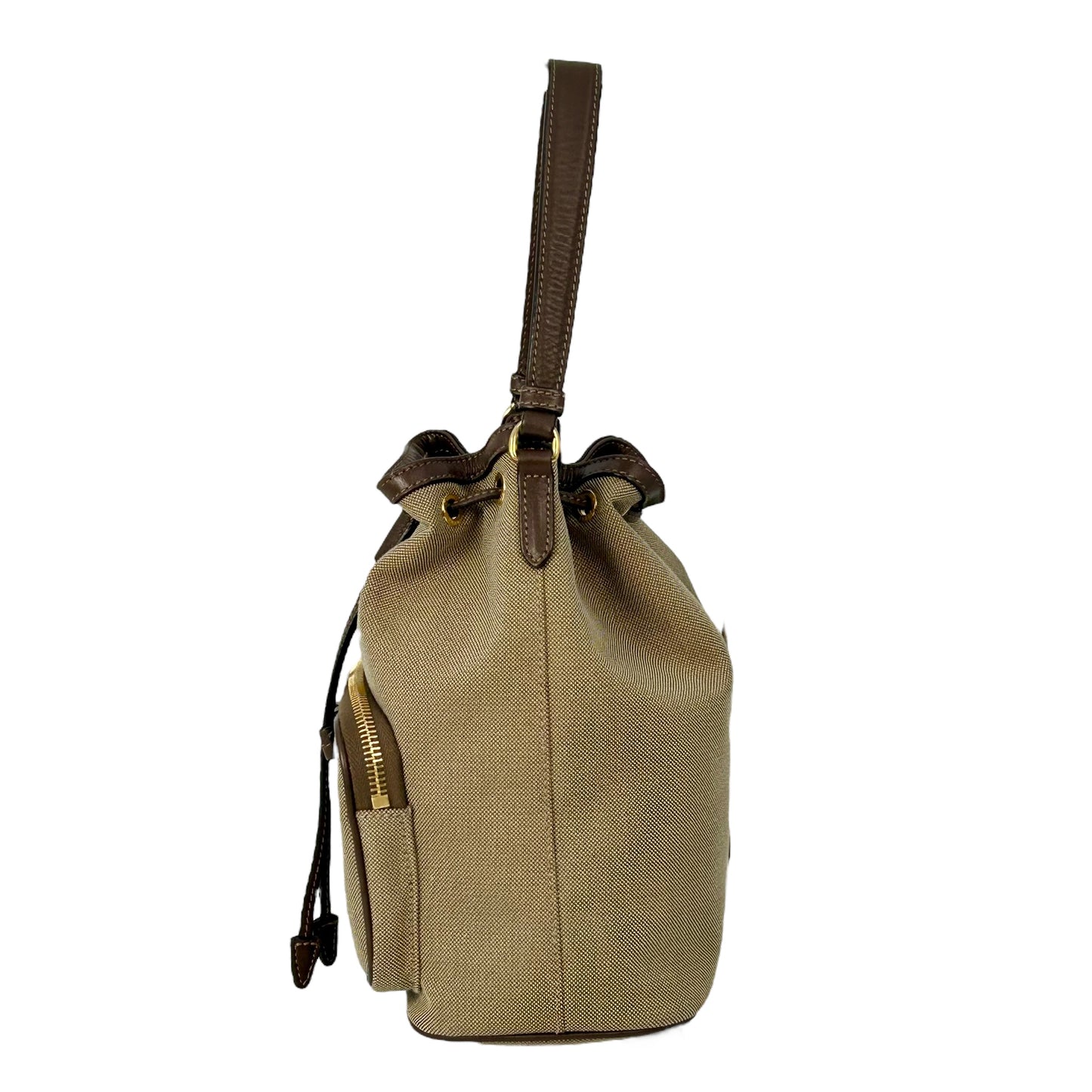 PRADA Logo Jacquard Canvas Drawstring Hand Bag Bucket Bag - Brown