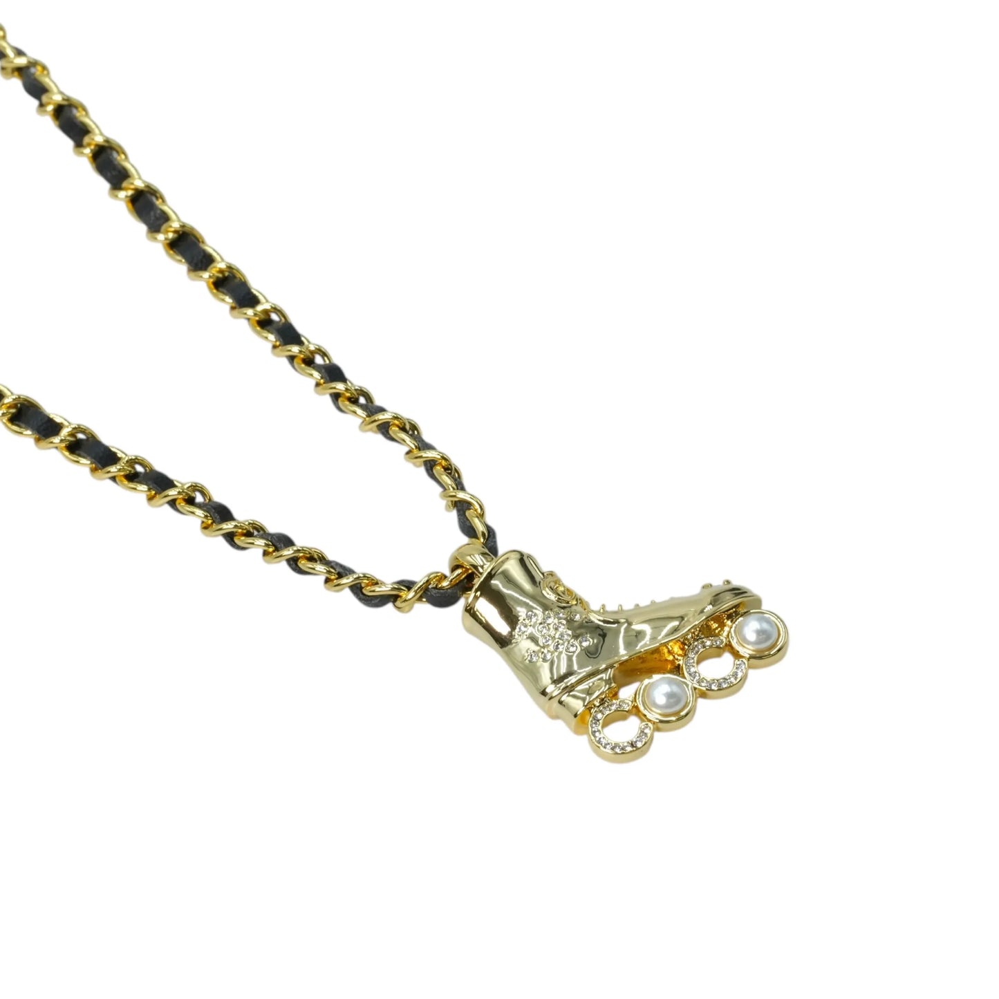 CHANEL Pearl Crystal Roller Skate Necklace - Gold Plated