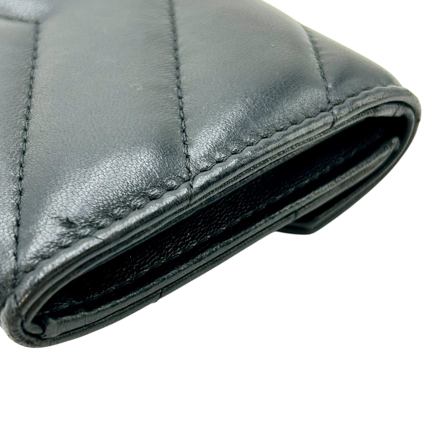 CHANEL V-Stich Lambskin Card Case Compact Wallet - Black