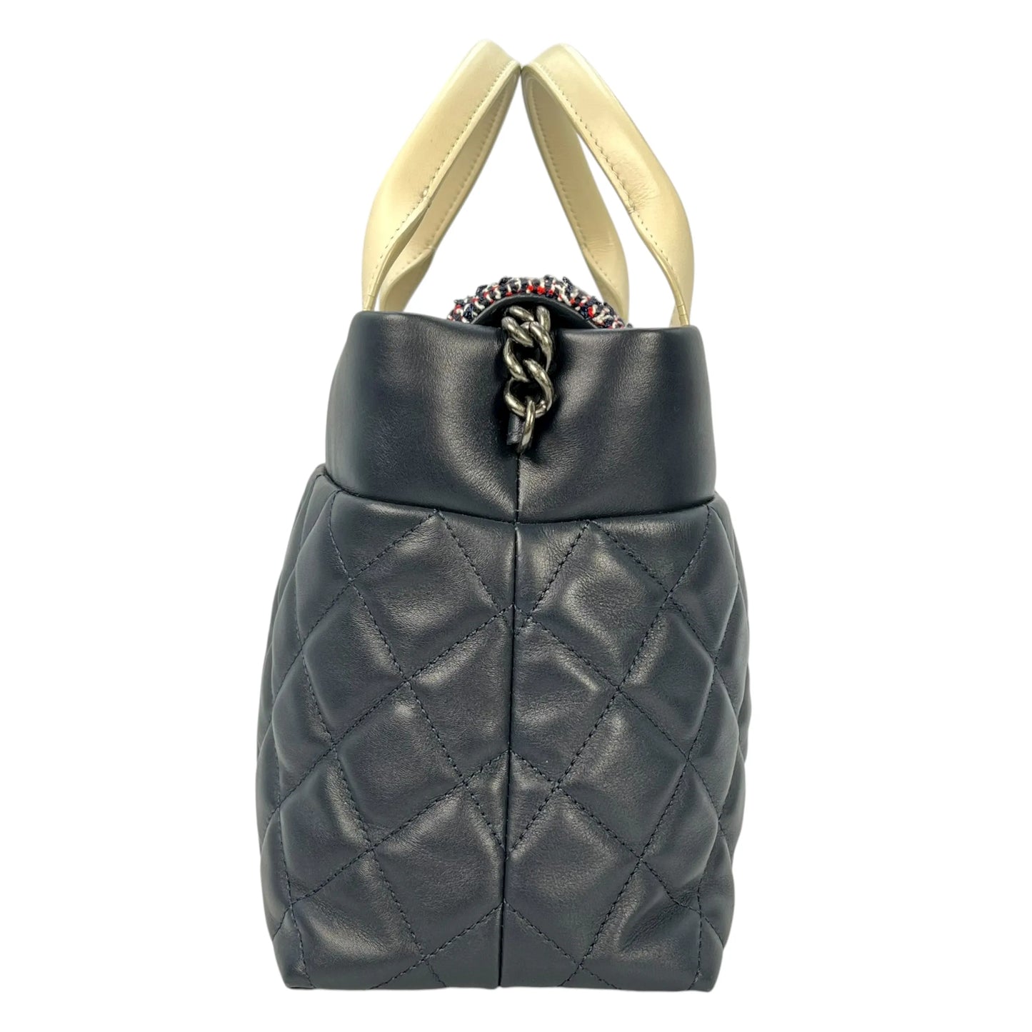 CHANEL Matelasse Tweed and Quilted Aged Calfskin Medium Hand Bag Chain Shoulder Bag - Navy