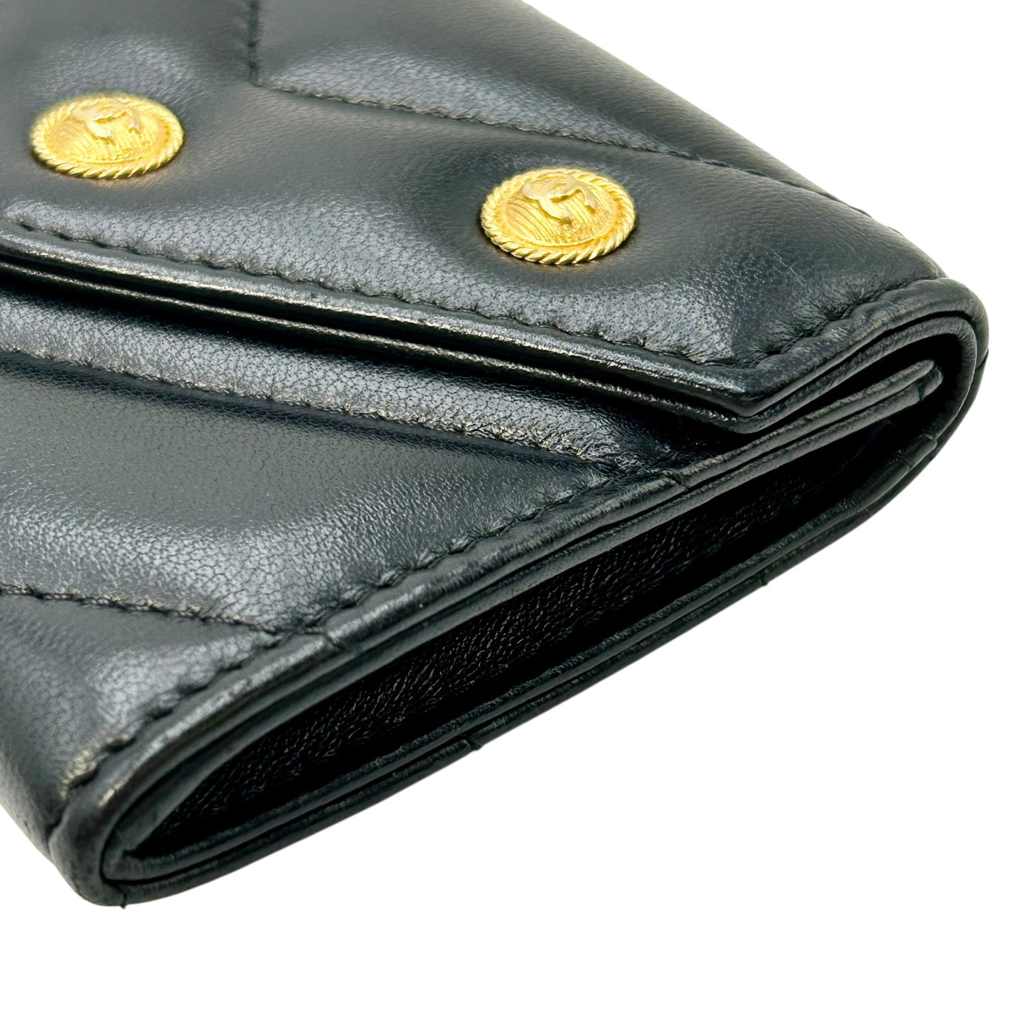 CHANEL V-Stich Lambskin Card Case Compact Wallet - Black