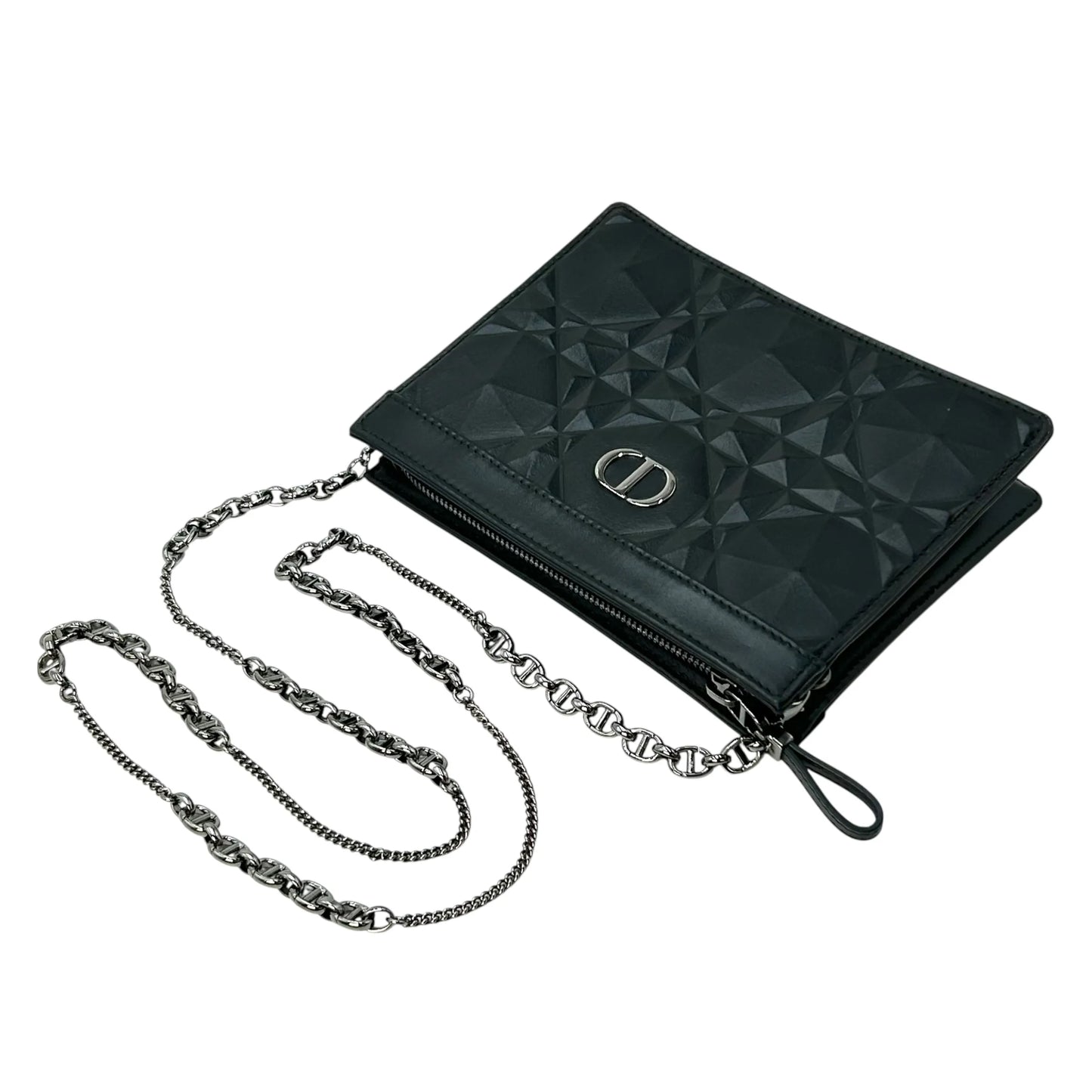 Dior Caro Diamond Calfskin Zipped Pouch With Chain Wallet Shoulder Bag - Black