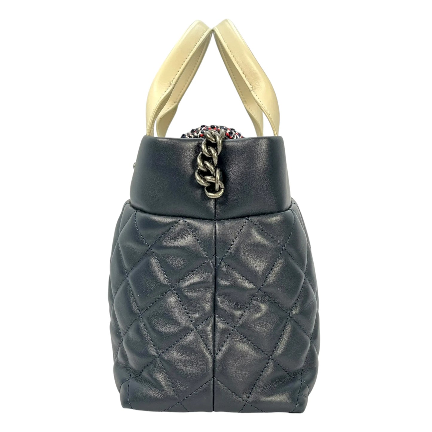 CHANEL Matelasse Tweed and Quilted Aged Calfskin Medium Hand Bag Chain Shoulder Bag - Navy