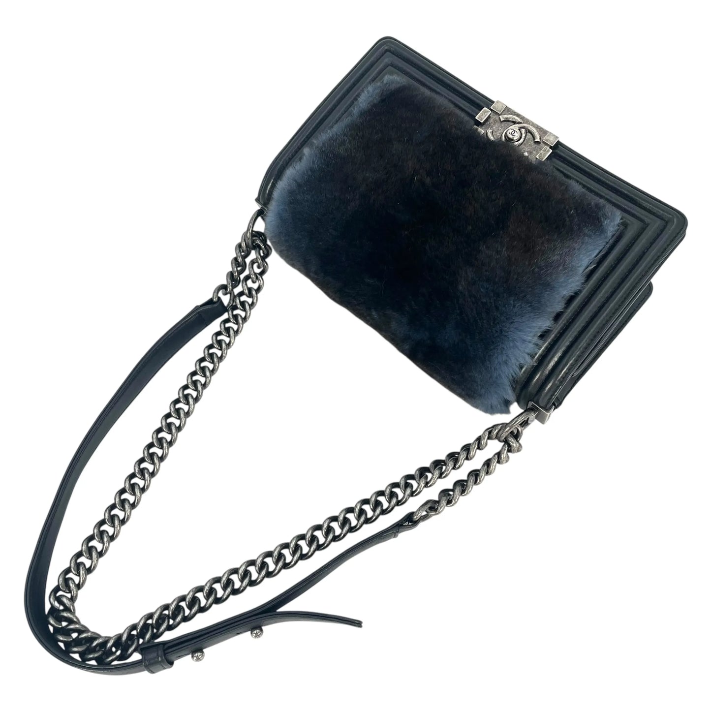 CHANEL Boy Chanel Fur Chain Shoulder Bag - Black