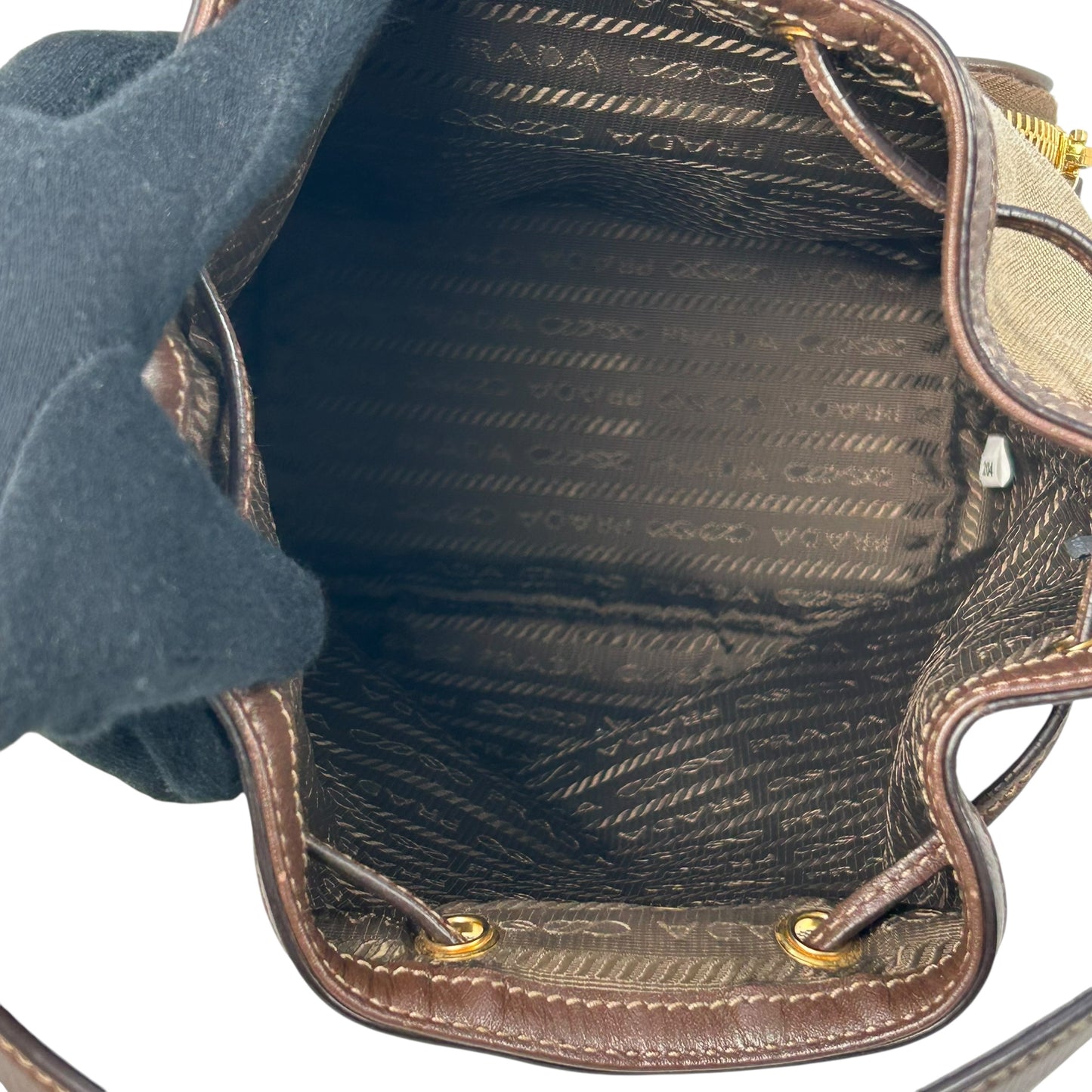 PRADA Logo Jacquard Canvas Drawstring Hand Bag Bucket Bag - Brown