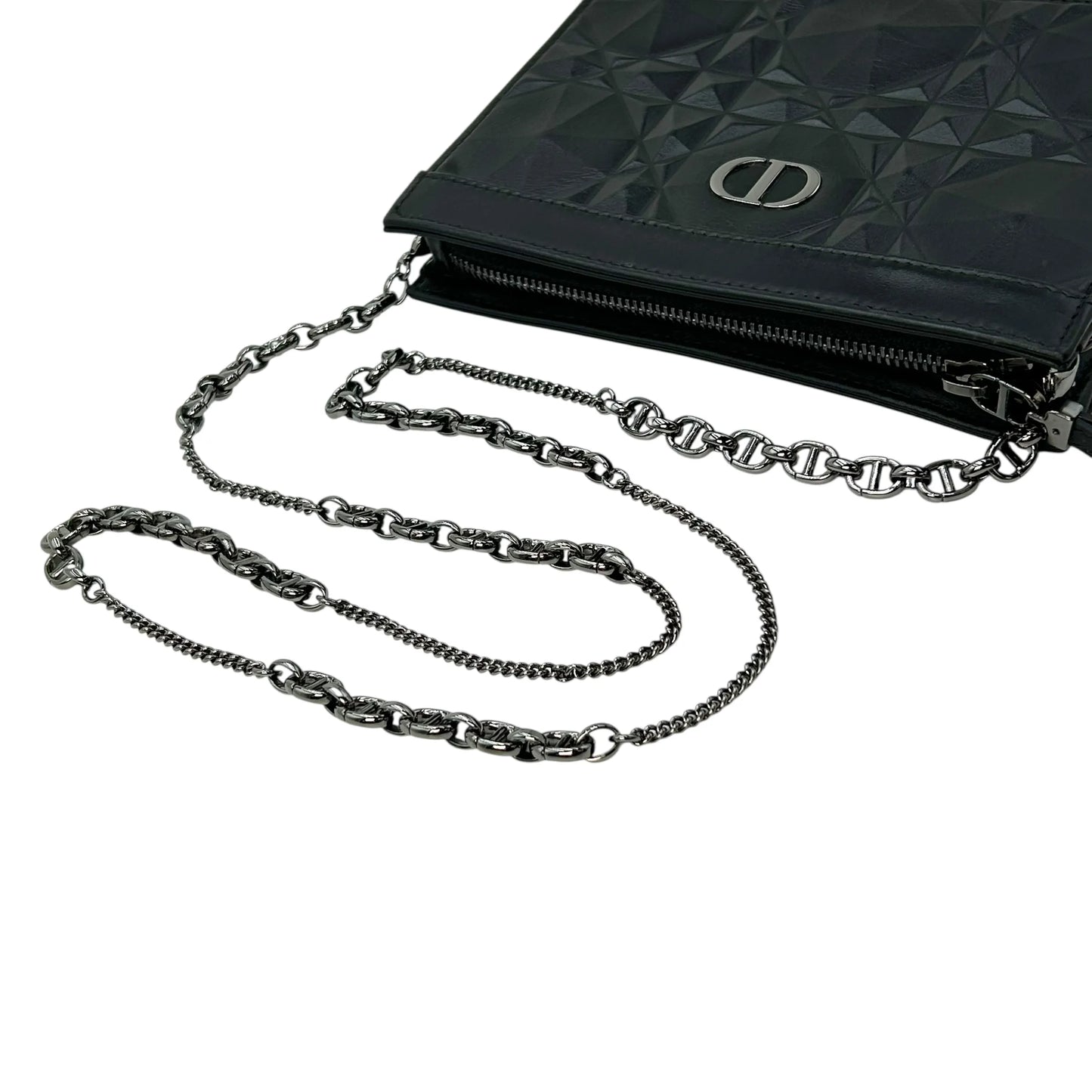 Dior Caro Diamond Calfskin Zipped Pouch With Chain Wallet Shoulder Bag - Black