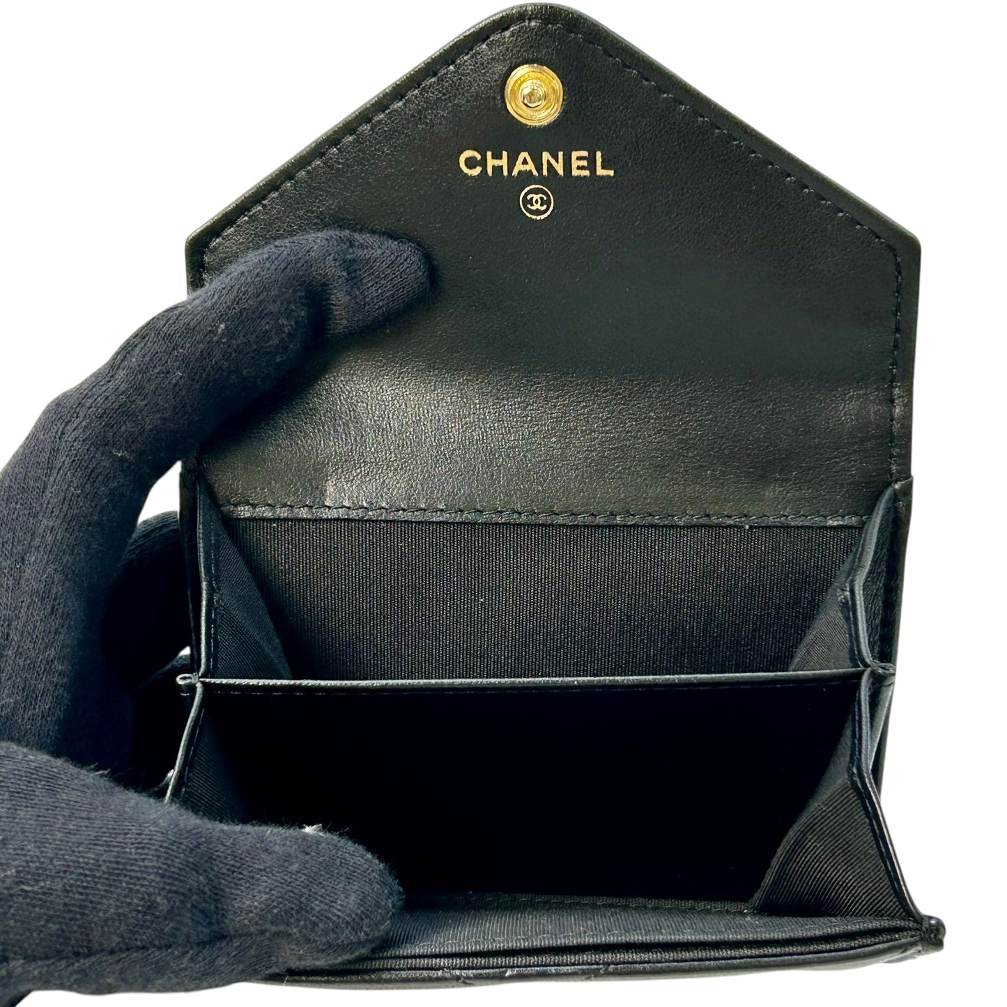 CHANEL V-Stich Lambskin Card Case Compact Wallet - Black