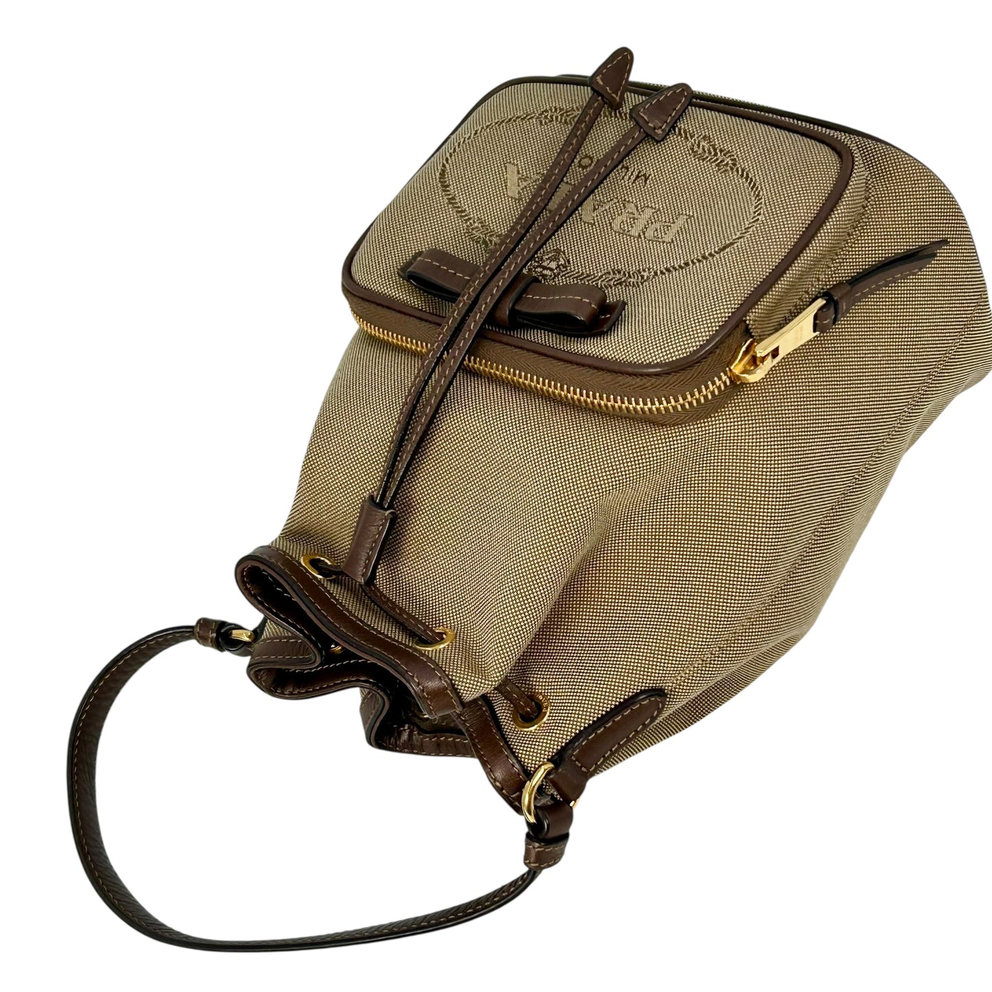 PRADA Logo Jacquard Canvas Drawstring Hand Bag Bucket Bag - Brown