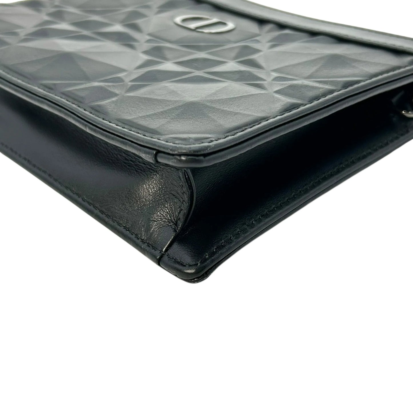 Dior Caro Diamond Calfskin Zipped Pouch With Chain Wallet Shoulder Bag - Black