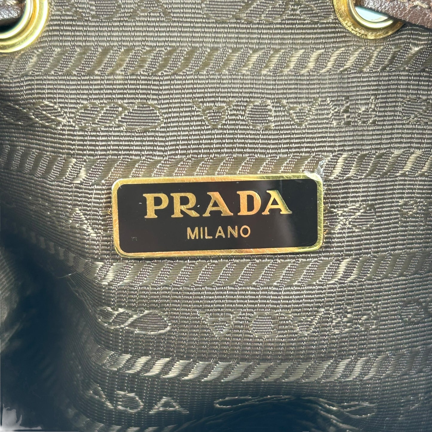 PRADA Logo Jacquard Canvas Drawstring Hand Bag Bucket Bag - Brown