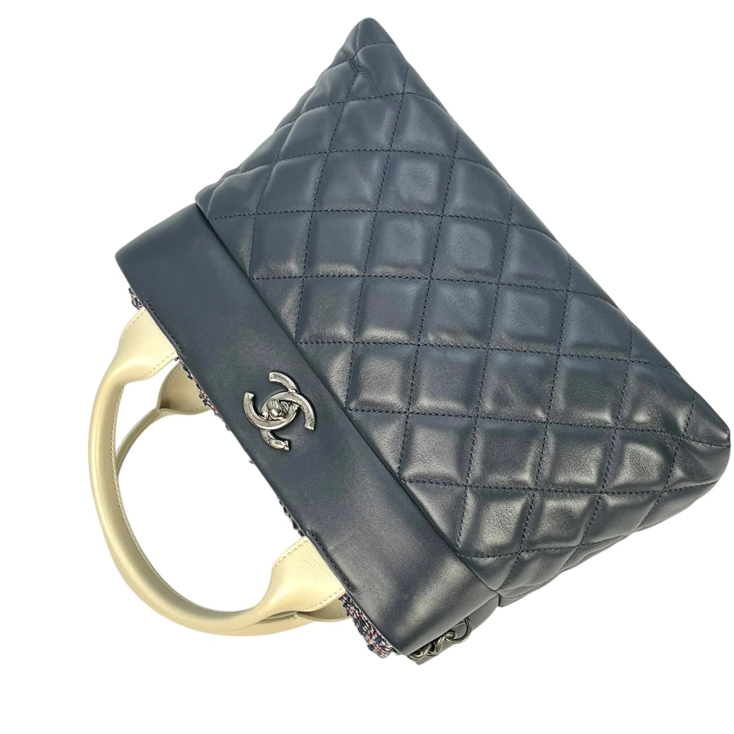 CHANEL Matelasse Tweed and Quilted Aged Calfskin Medium Hand Bag Chain Shoulder Bag - Navy