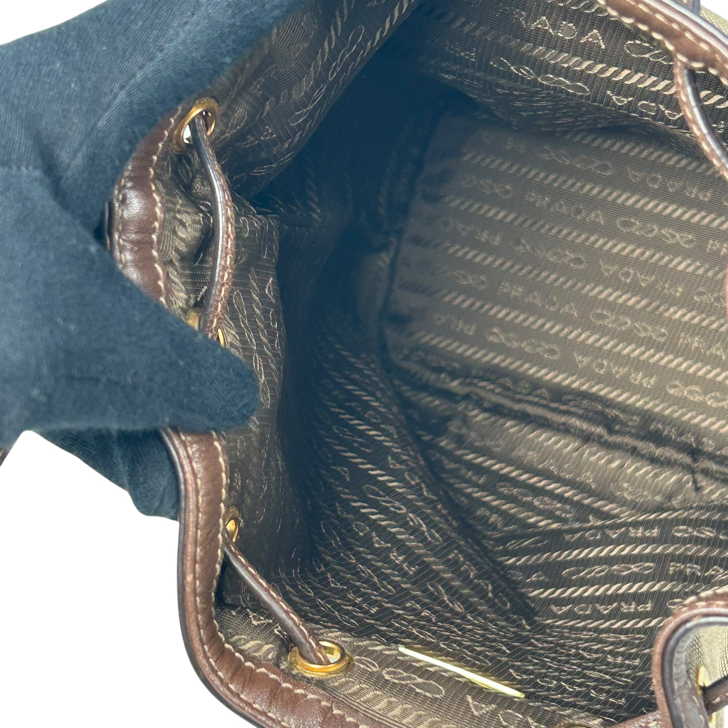 PRADA Logo Jacquard Canvas Drawstring Hand Bag Bucket Bag - Brown