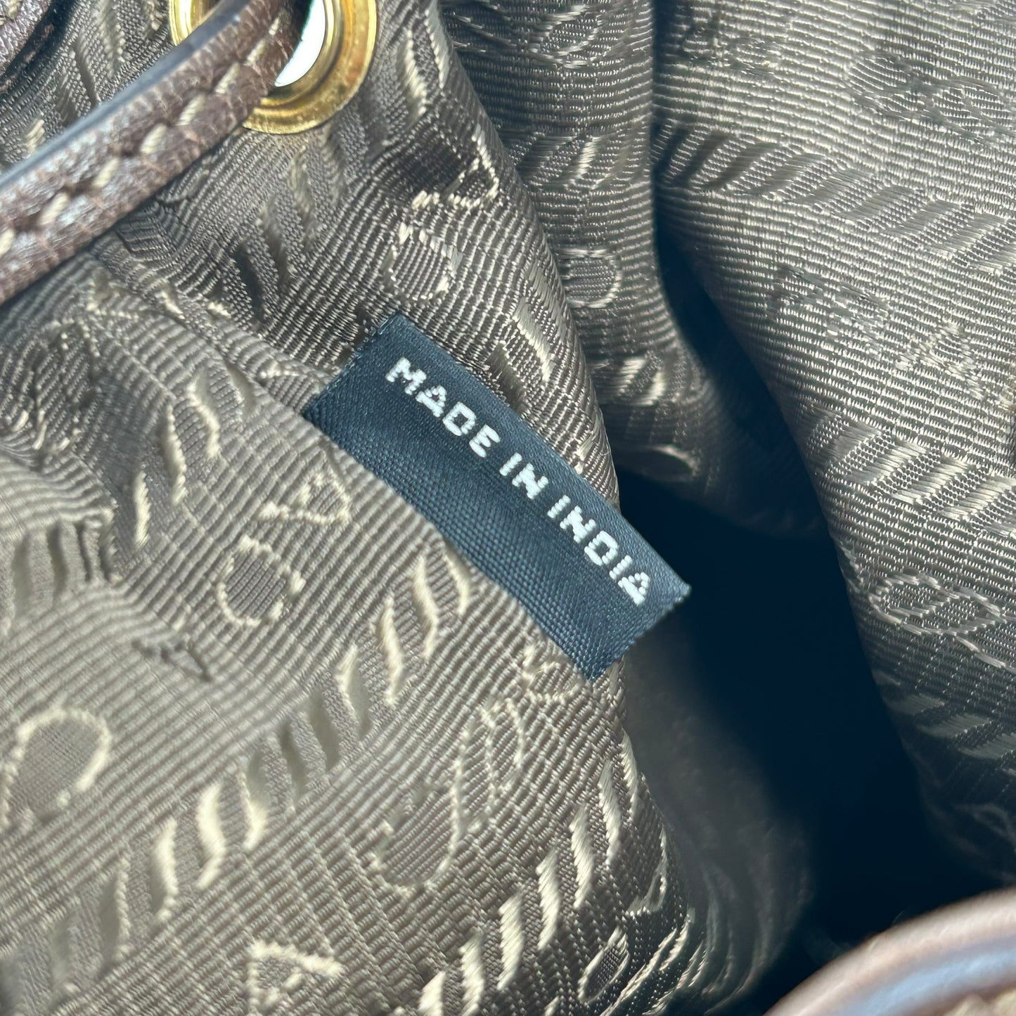 PRADA Logo Jacquard Canvas Drawstring Hand Bag Bucket Bag - Brown