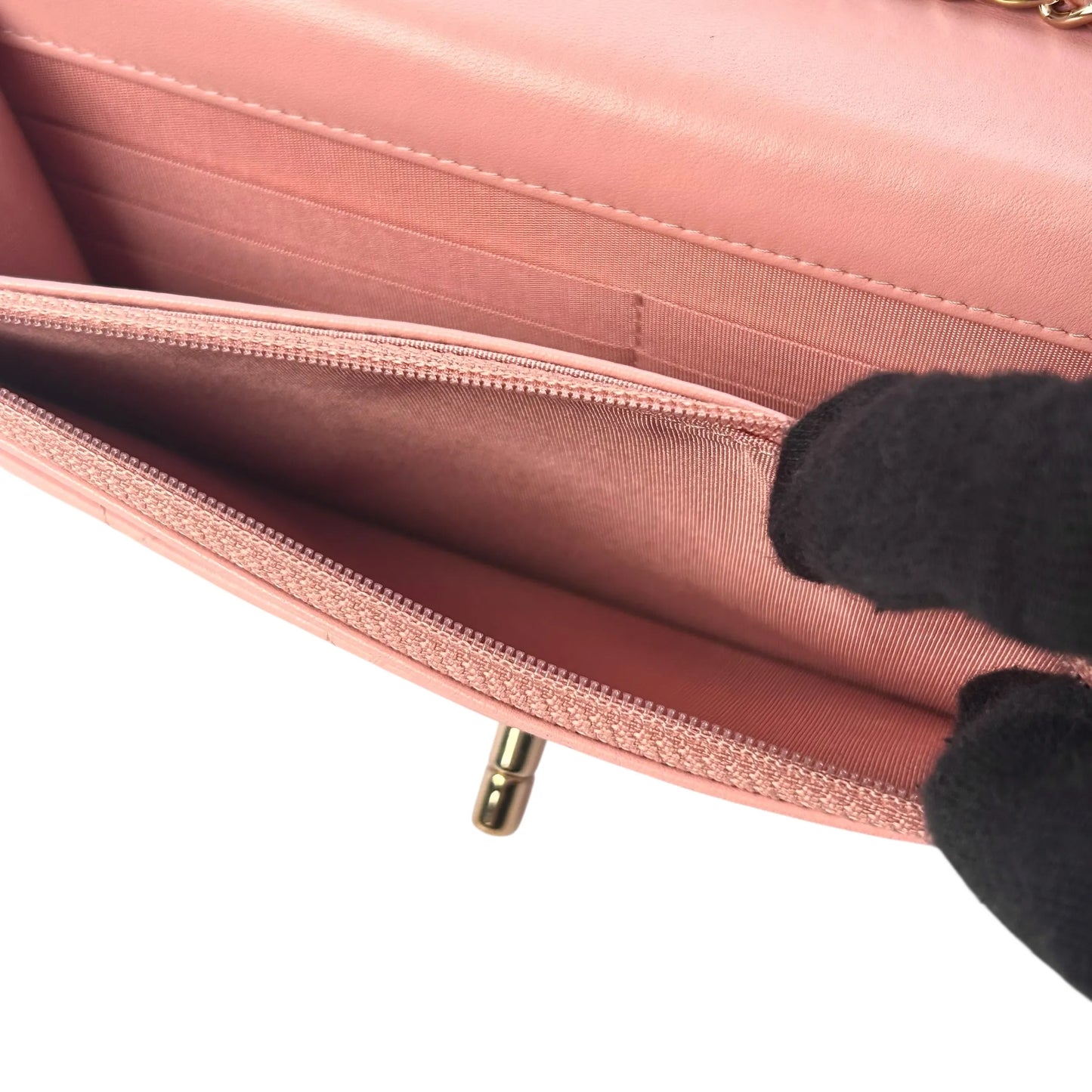CHANEL Lambskin Chain Wallet - Baby Pink
