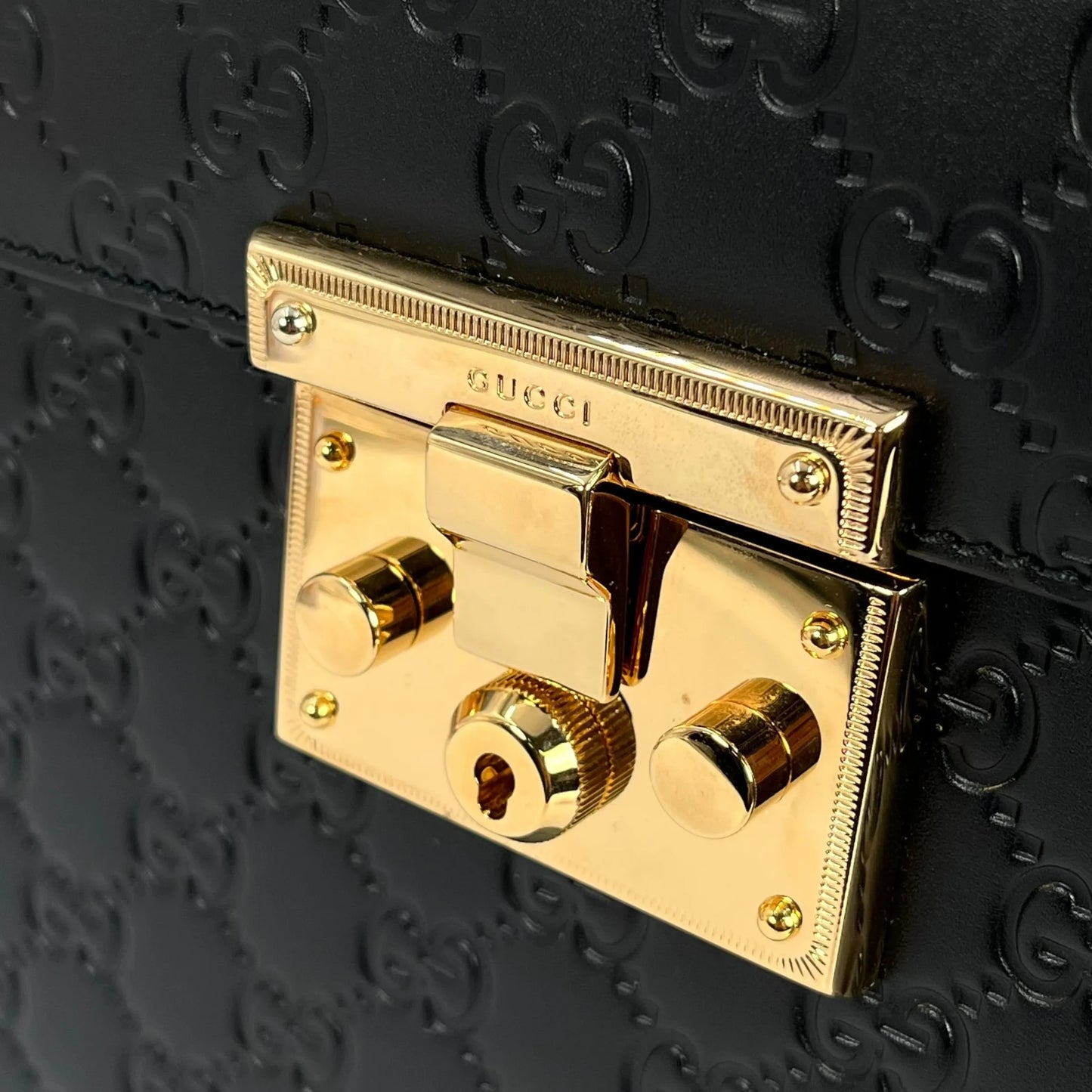 GUCCI Guccissima Padlock Top Handle Leather Hand Bag - Black