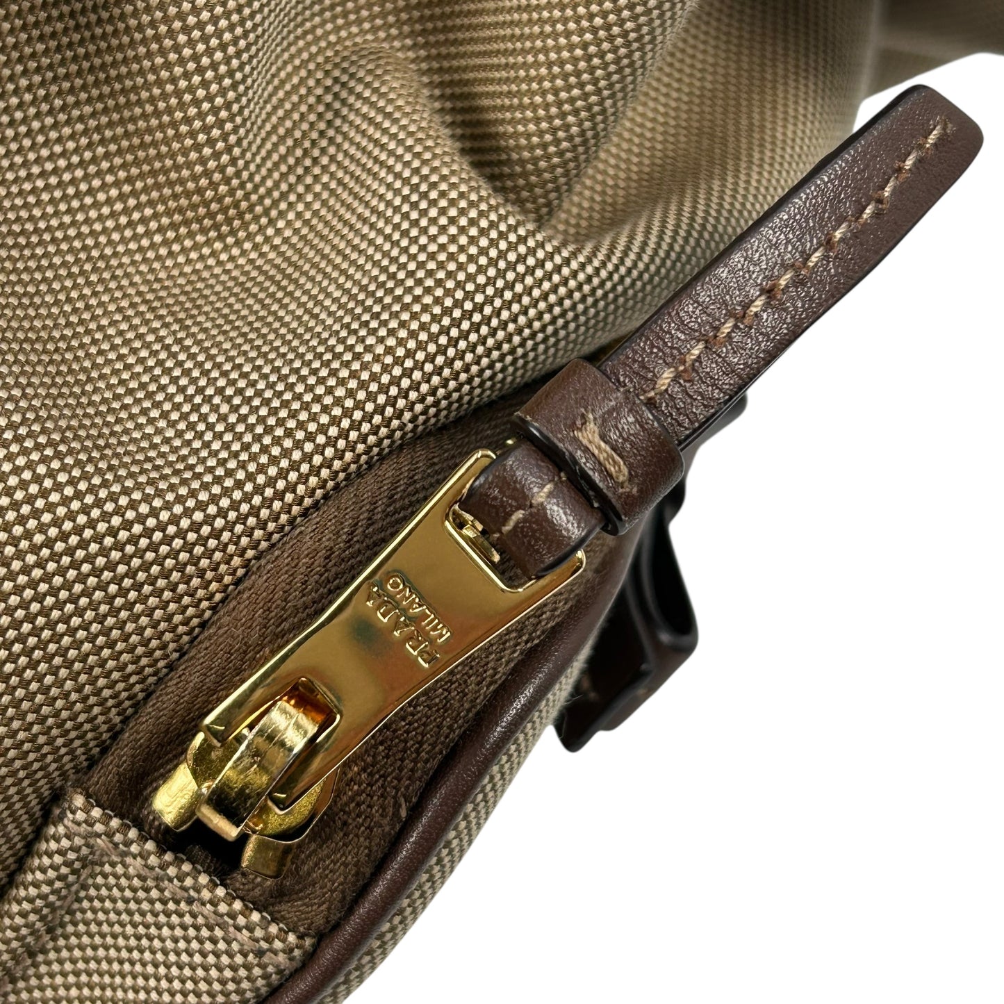 PRADA Logo Jacquard Canvas Drawstring Hand Bag Bucket Bag - Brown