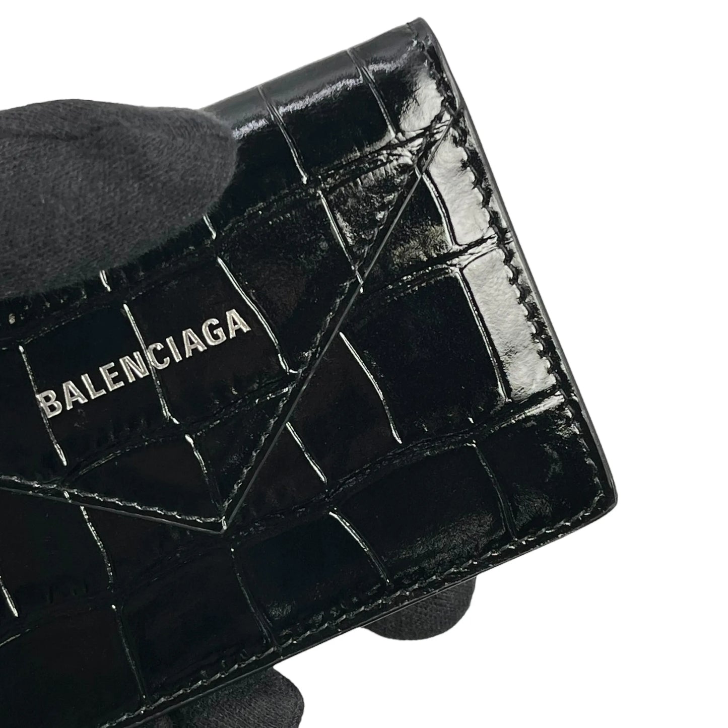 BALENCIAGA Paper Compact Wallet Crocodile - Black