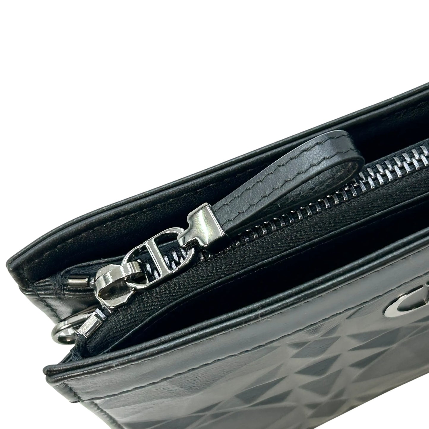 Dior Caro Diamond Calfskin Zipped Pouch With Chain Wallet Shoulder Bag - Black