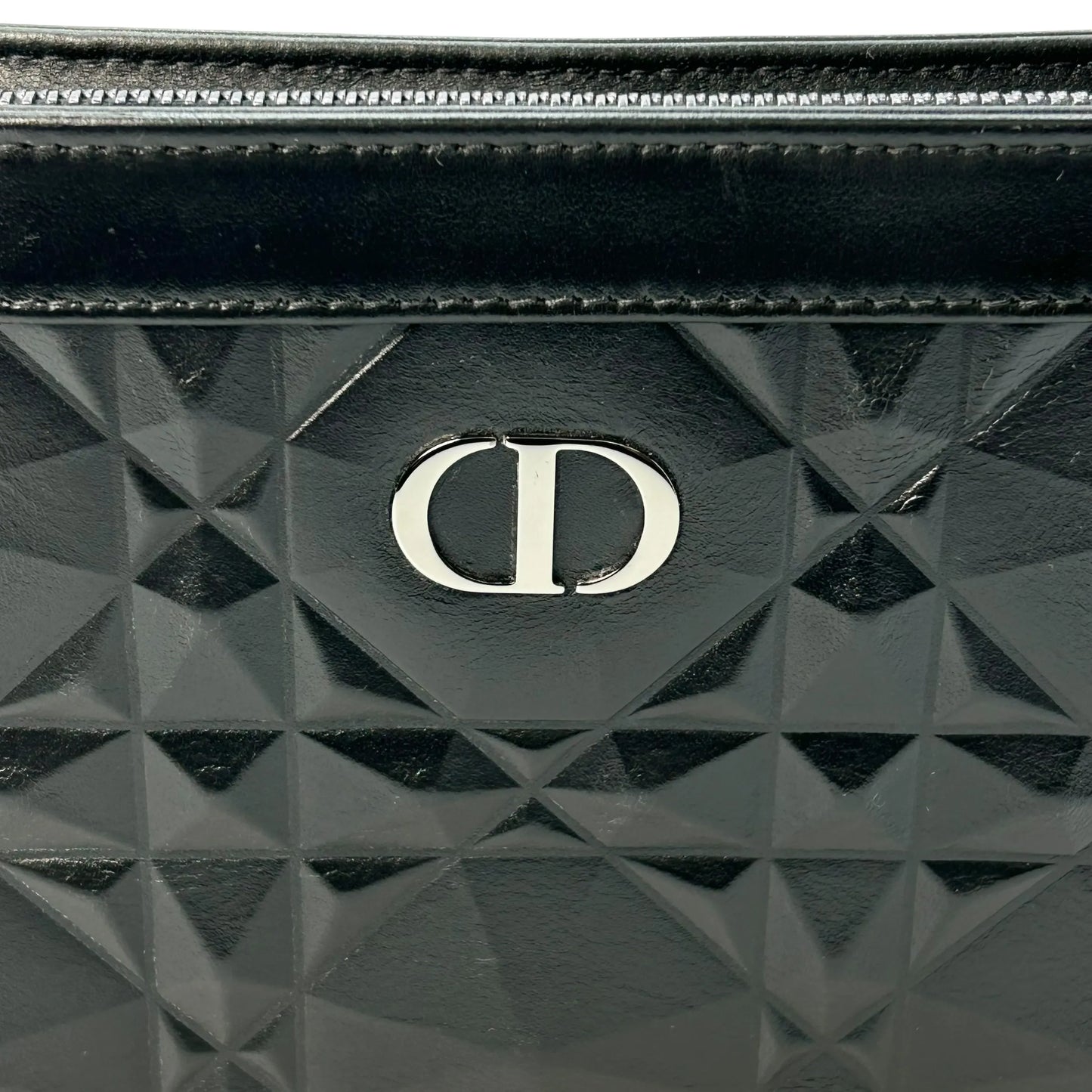 Dior Caro Diamond Calfskin Zipped Pouch With Chain Wallet Shoulder Bag - Black