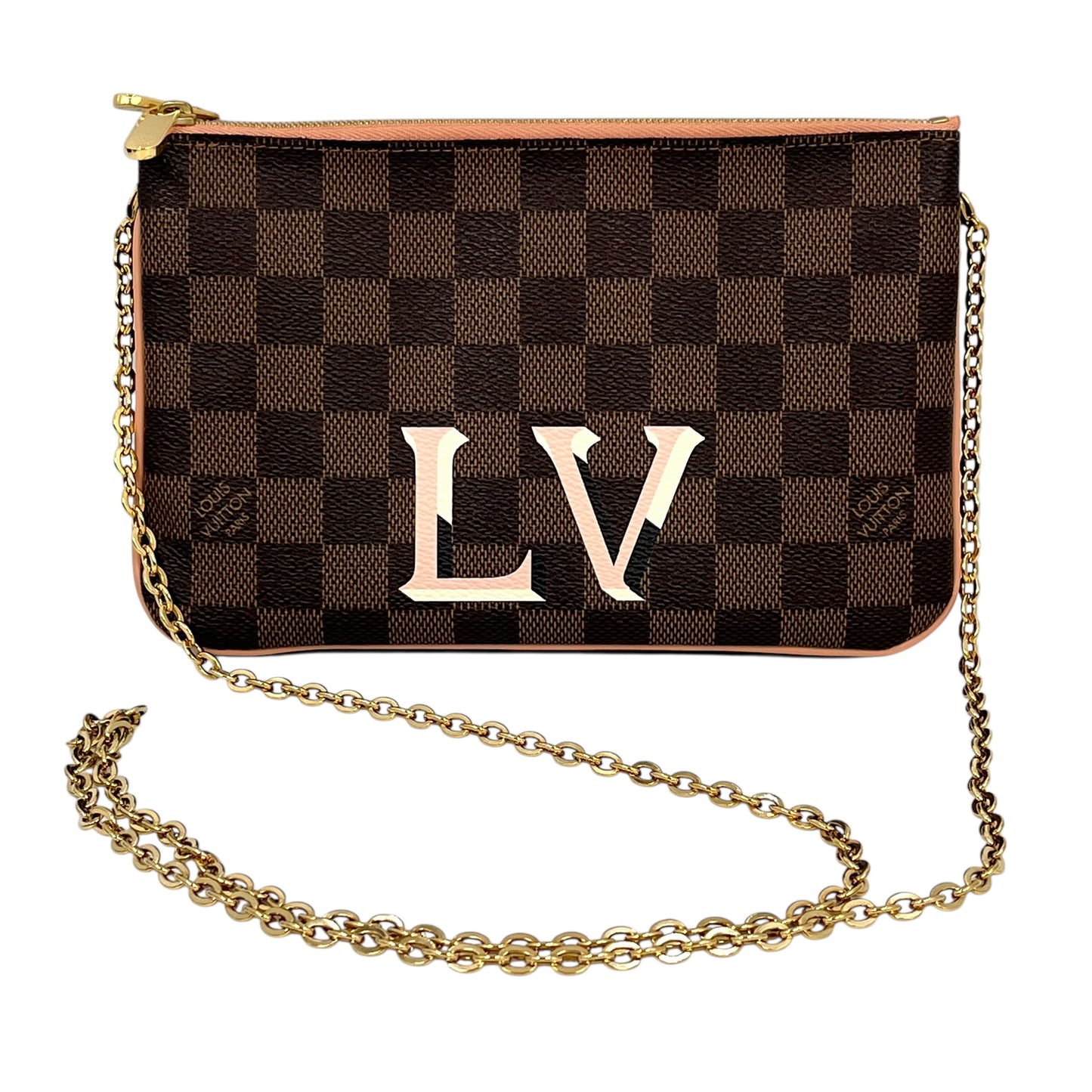 Louis Vuitton Damier Double Zip Pochette Shoulder Bag Chain Shoulder Wallet