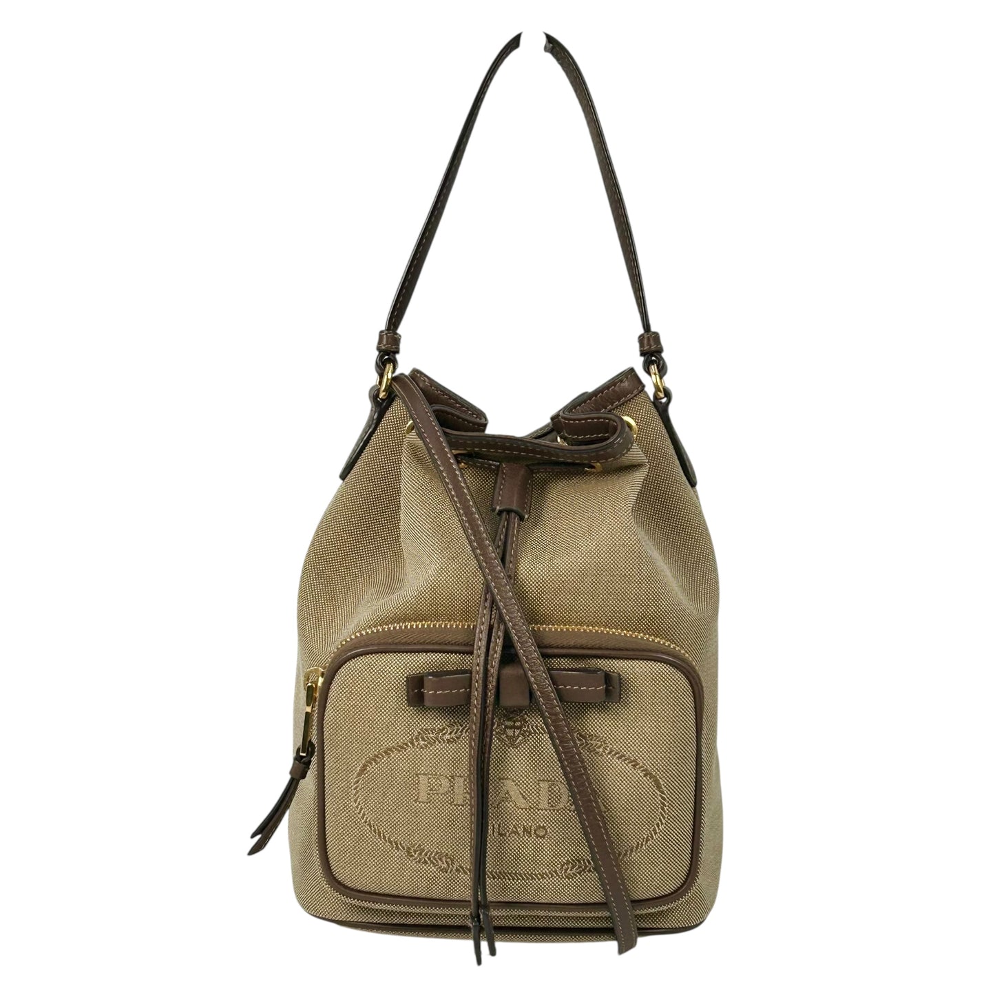 PRADA Logo Jacquard Canvas Drawstring Hand Bag Bucket Bag - Brown