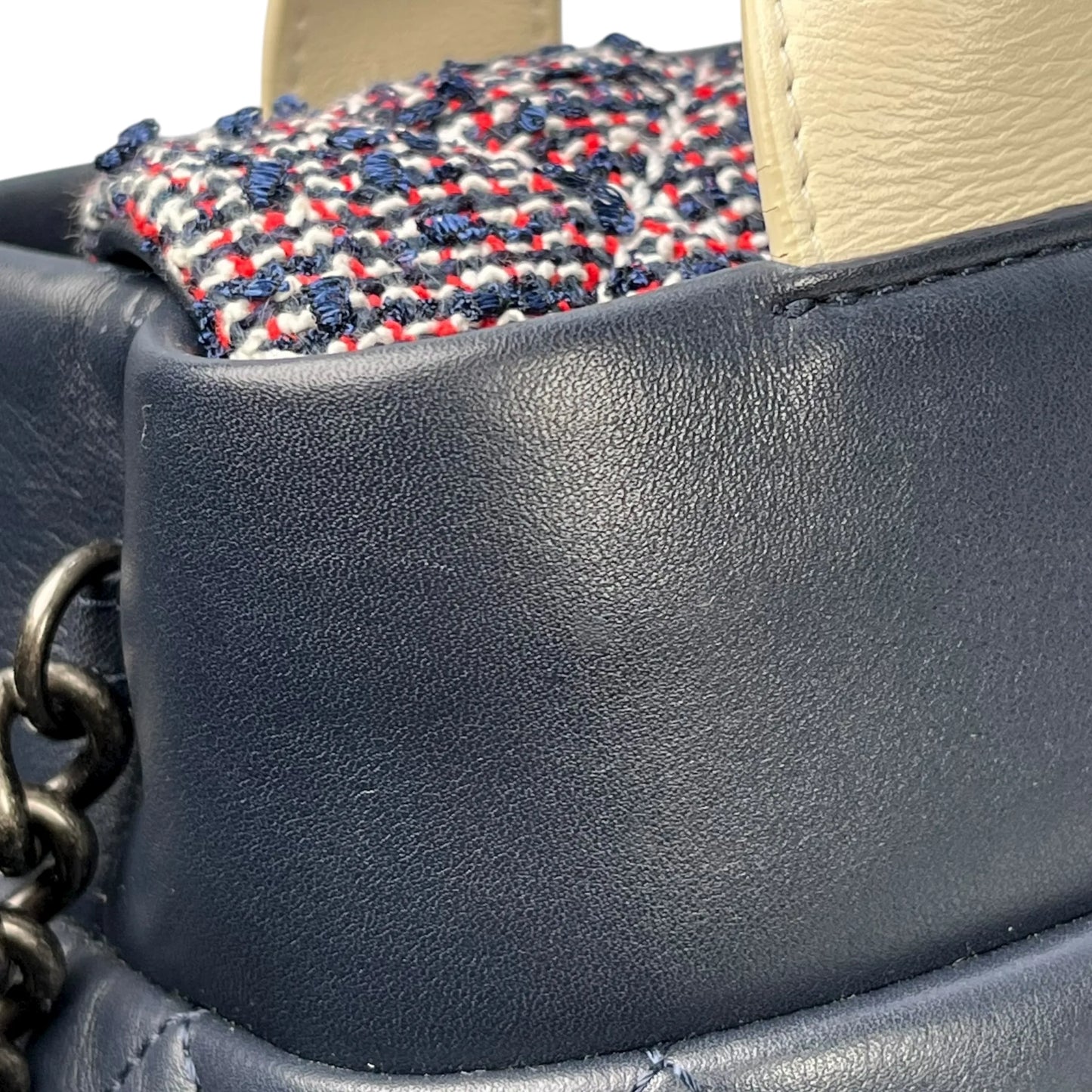 CHANEL Matelasse Tweed and Quilted Aged Calfskin Medium Hand Bag Chain Shoulder Bag - Navy