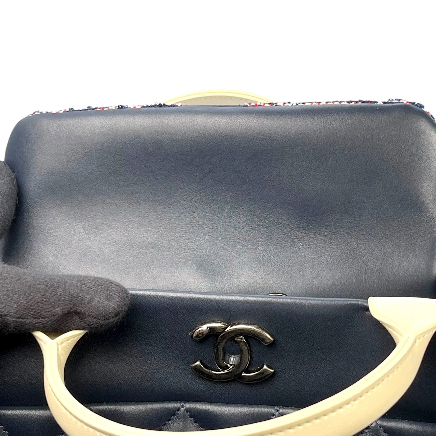 CHANEL Matelasse Tweed and Quilted Aged Calfskin Medium Hand Bag Chain Shoulder Bag - Navy