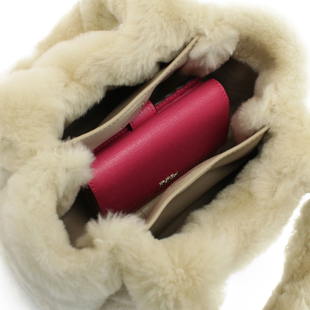 PRADA Montone Faux Fur Leather Hand Bag - Beige