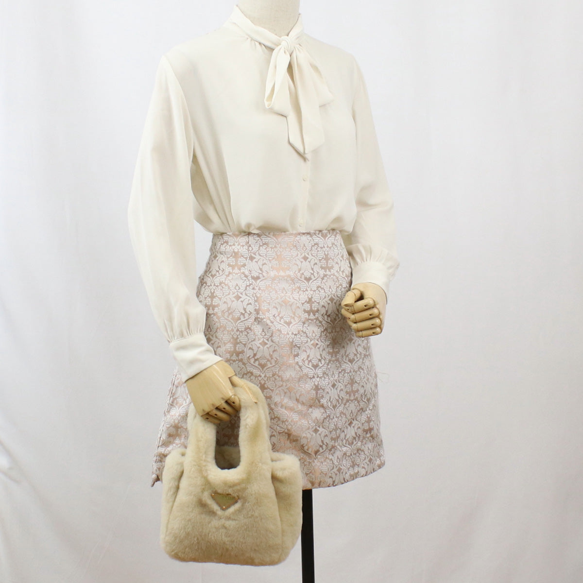 PRADA Montone Faux Fur Leather Hand Bag - Beige