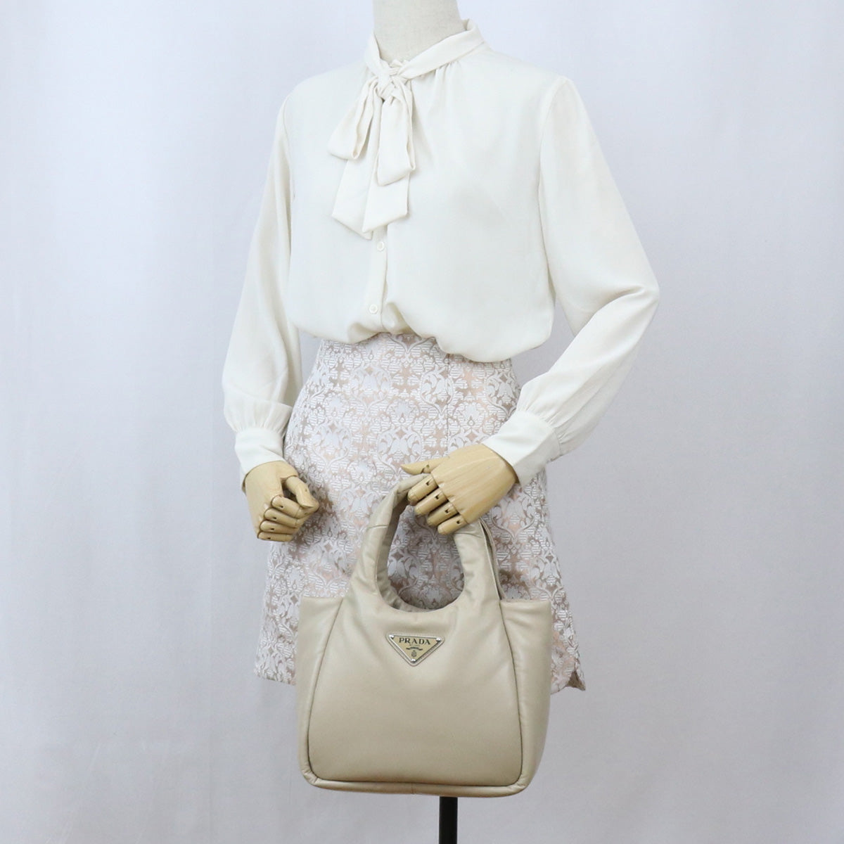 PRADA Small Padded Re-Nylon Tote Bag Hand Bag - Beige