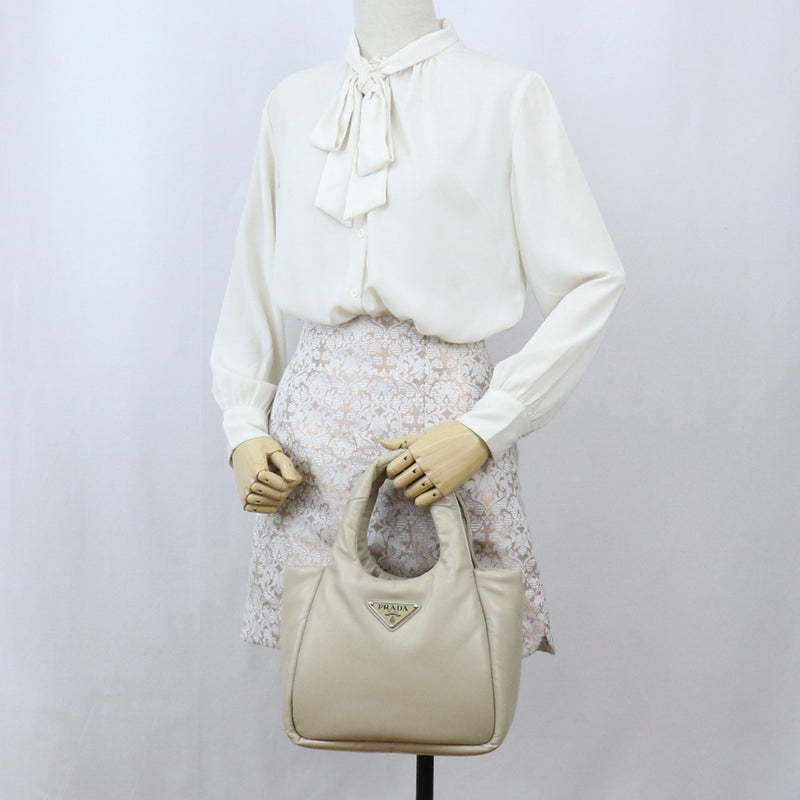 PRADA Small Padded Re-Nylon Tote Bag Hand Bag - Beige